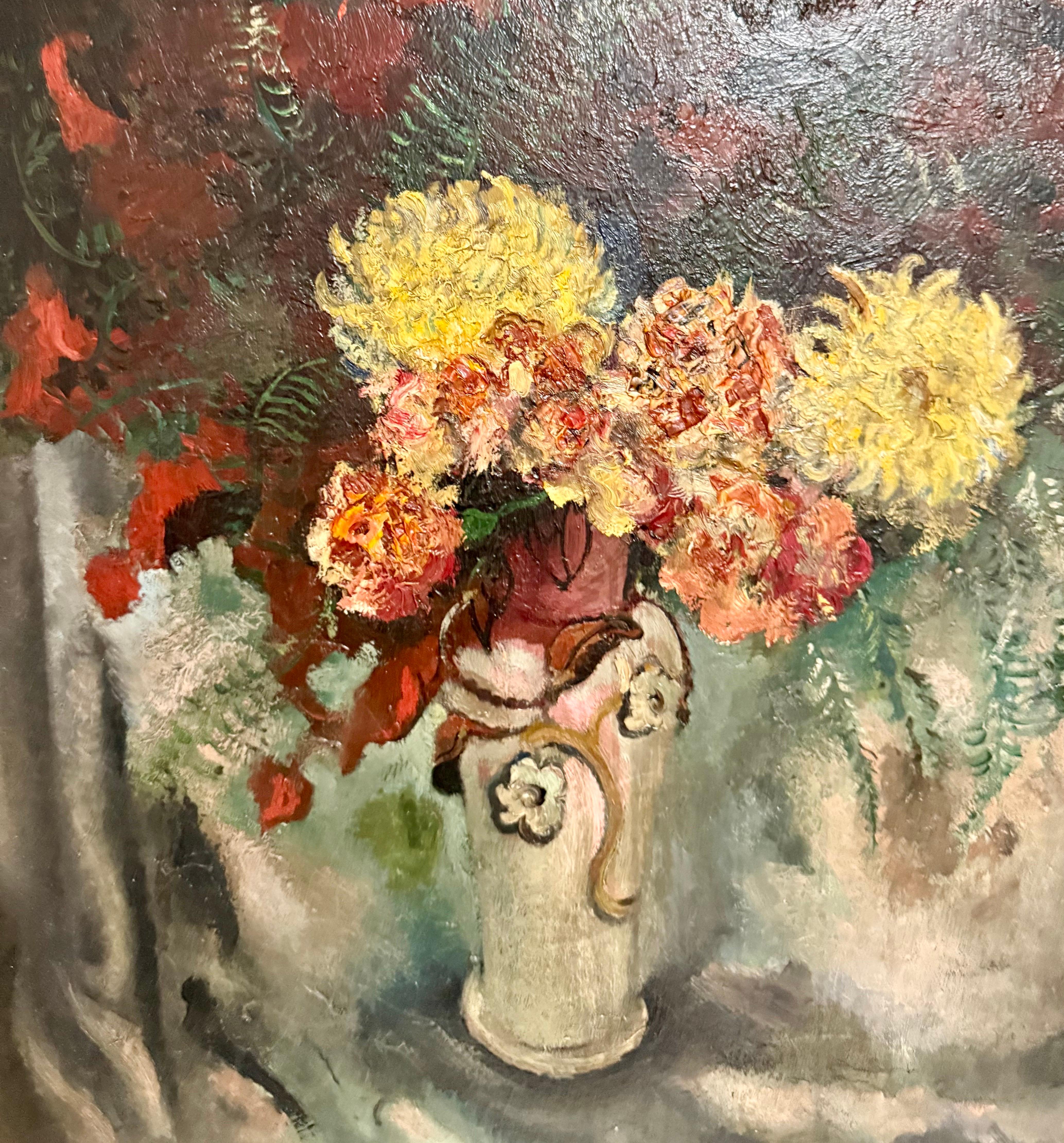 Grande peinture à l'huile moderniste  Fleurs sauvages dans un vase Artiste WPA Nicolai Cikovsky en vente 2