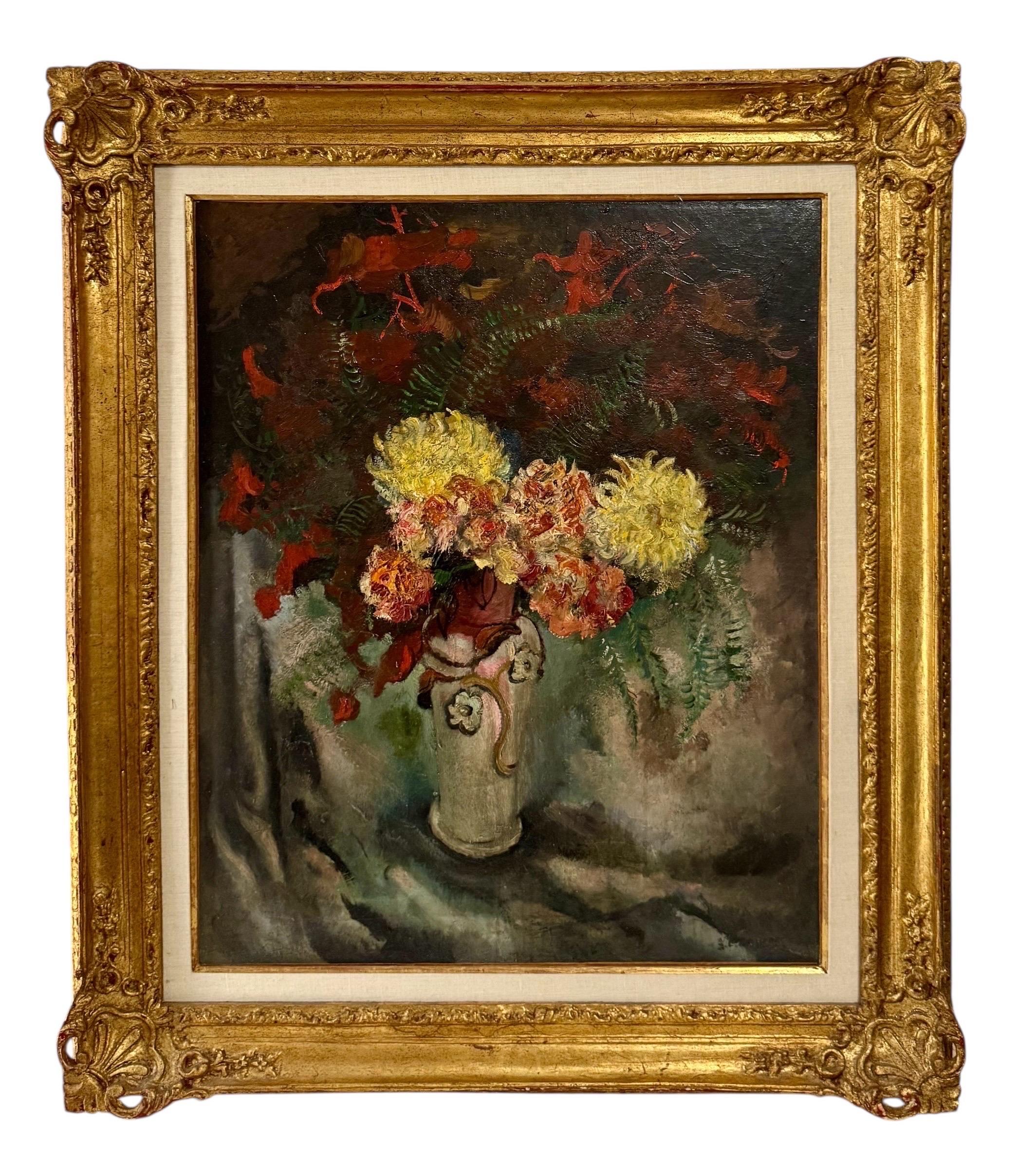 Grande peinture à l'huile moderniste  Fleurs sauvages dans un vase Artiste WPA Nicolai Cikovsky en vente 3