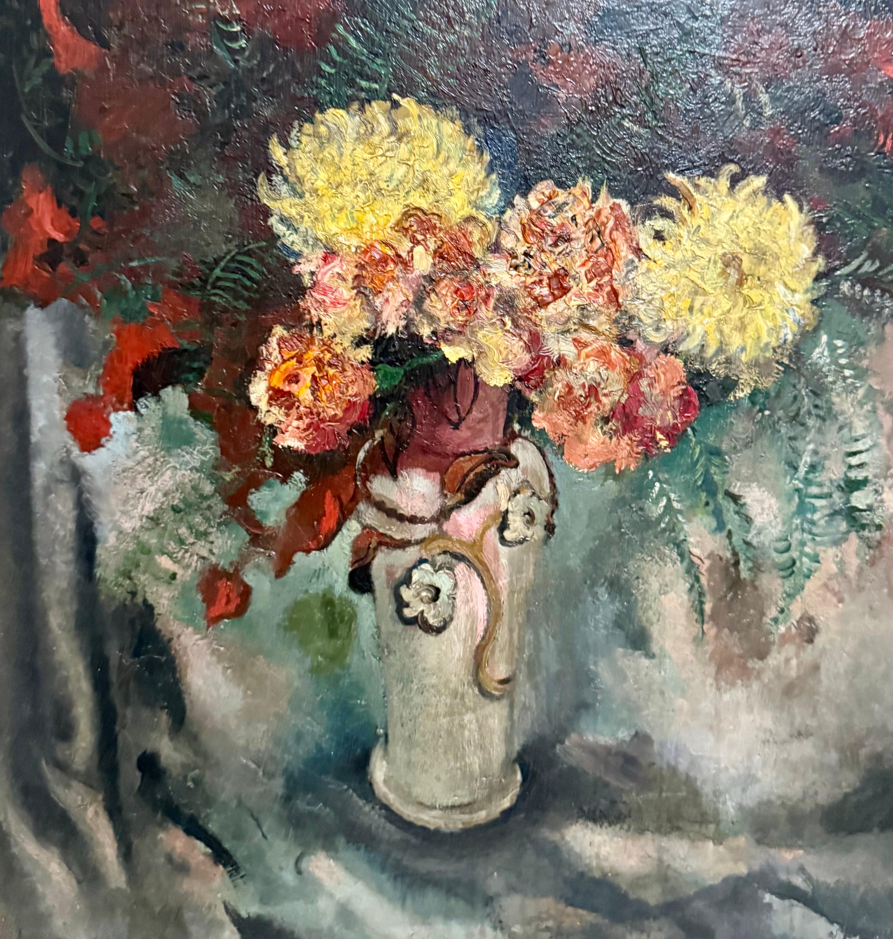 Grande peinture à l'huile moderniste  Fleurs sauvages dans un vase Artiste WPA Nicolai Cikovsky en vente 4