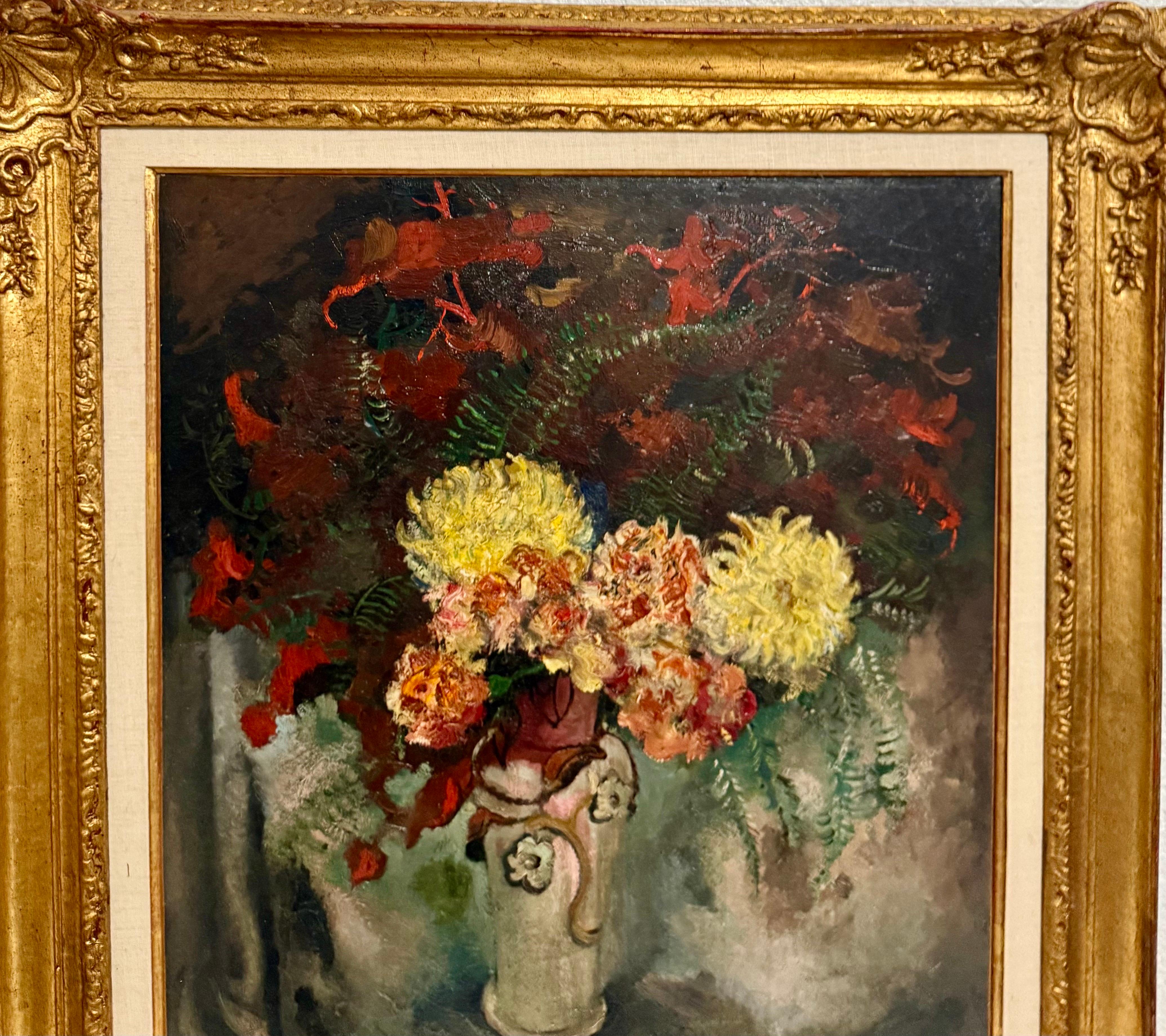 Grande peinture à l'huile moderniste  Fleurs sauvages dans un vase Artiste WPA Nicolai Cikovsky en vente 5