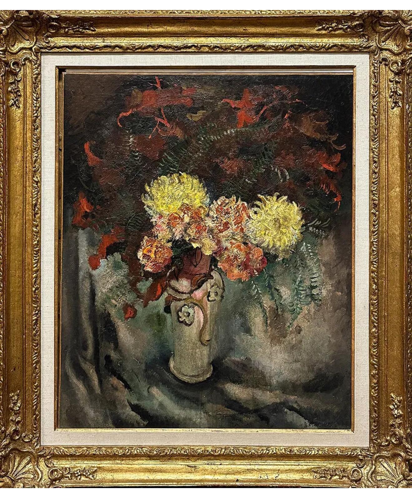 Grande peinture à l'huile moderniste  Fleurs sauvages dans un vase Artiste WPA Nicolai Cikovsky en vente 7