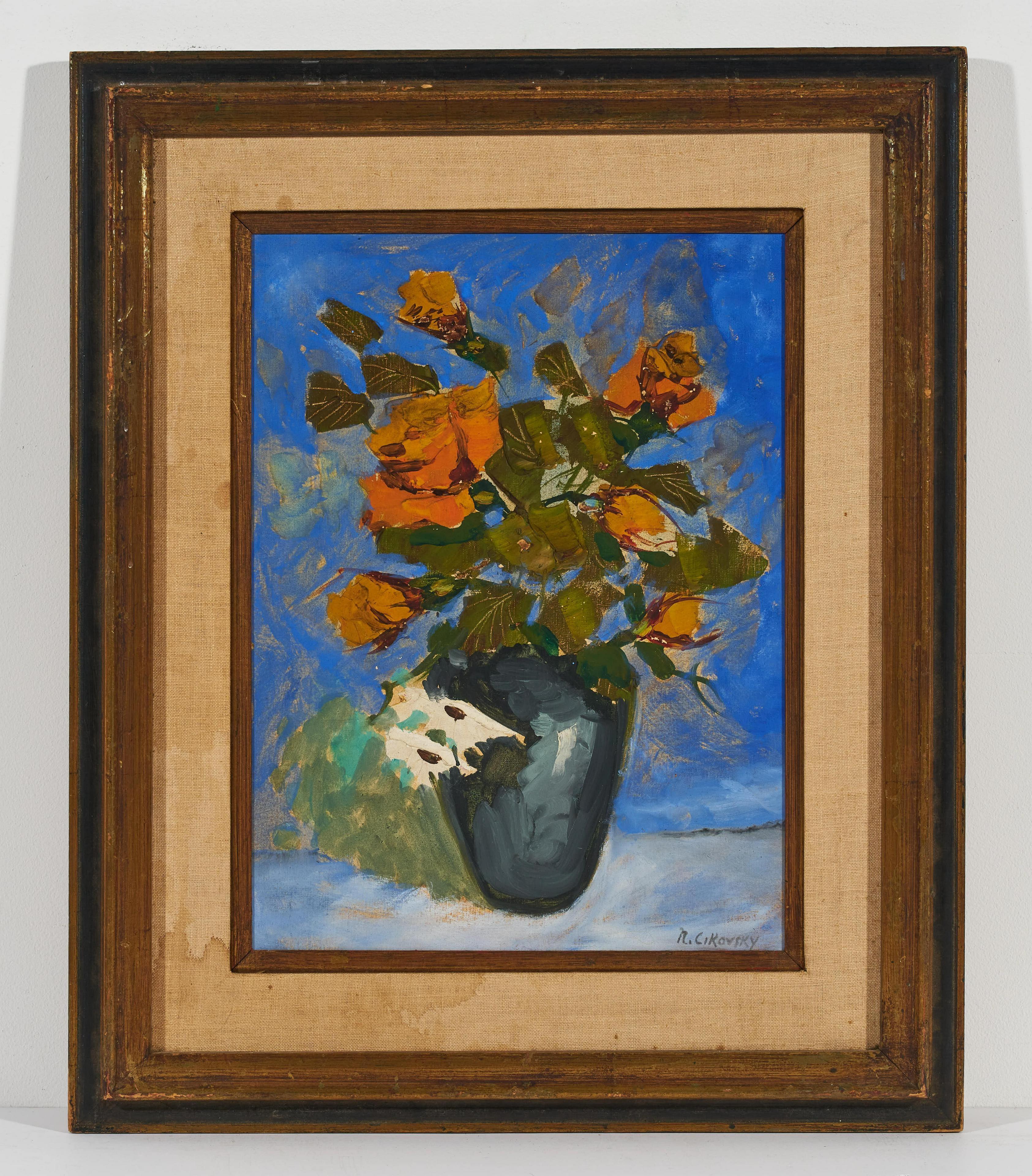 Modernist Floral Oil Painting Roses, Flowers in Vase WPA Artist Nicolai Cikovsky For Sale 2