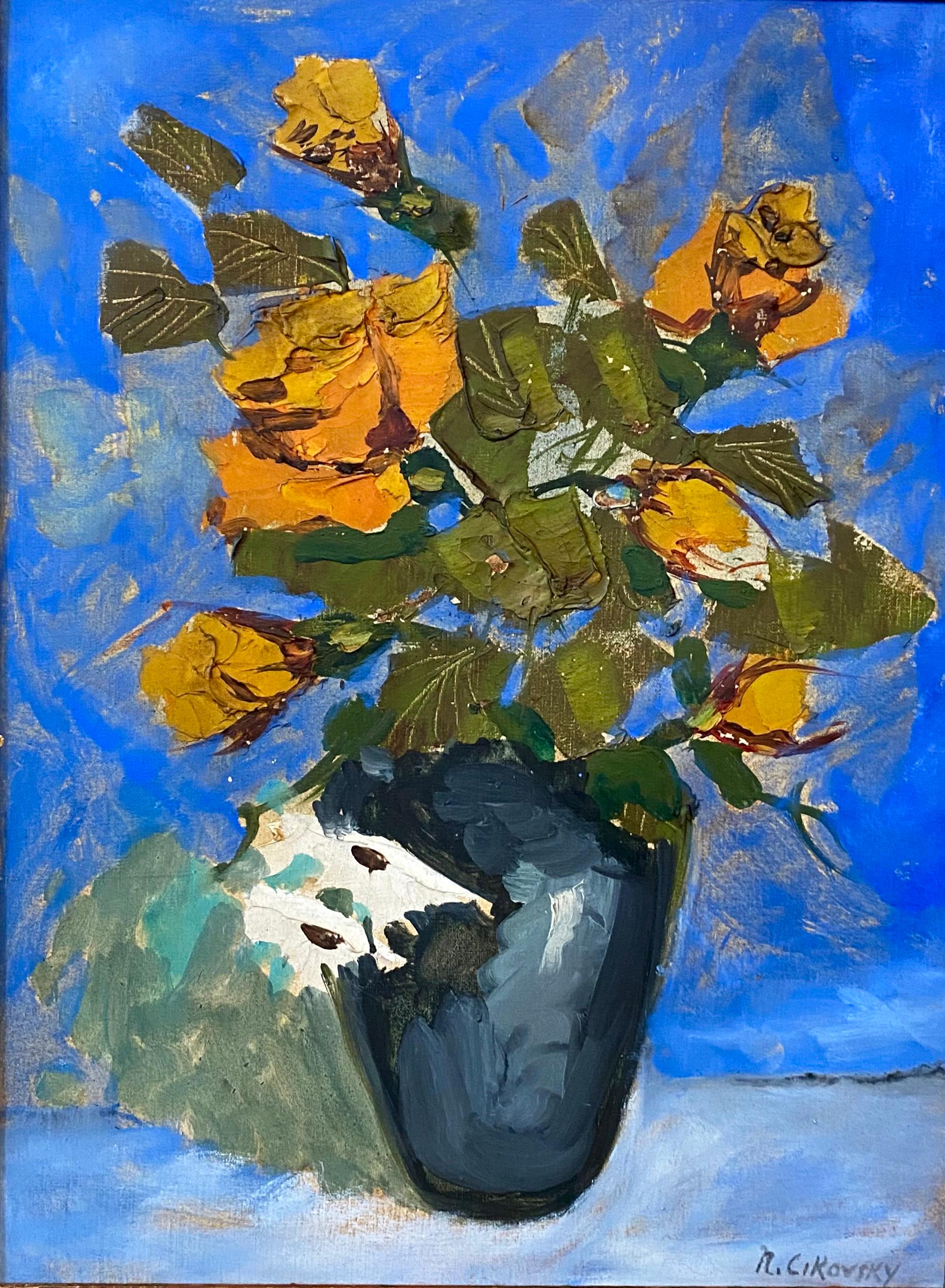Modernist Floral Oil Painting Roses, Flowers in Vase WPA Artist Nicolai Cikovsky For Sale 3