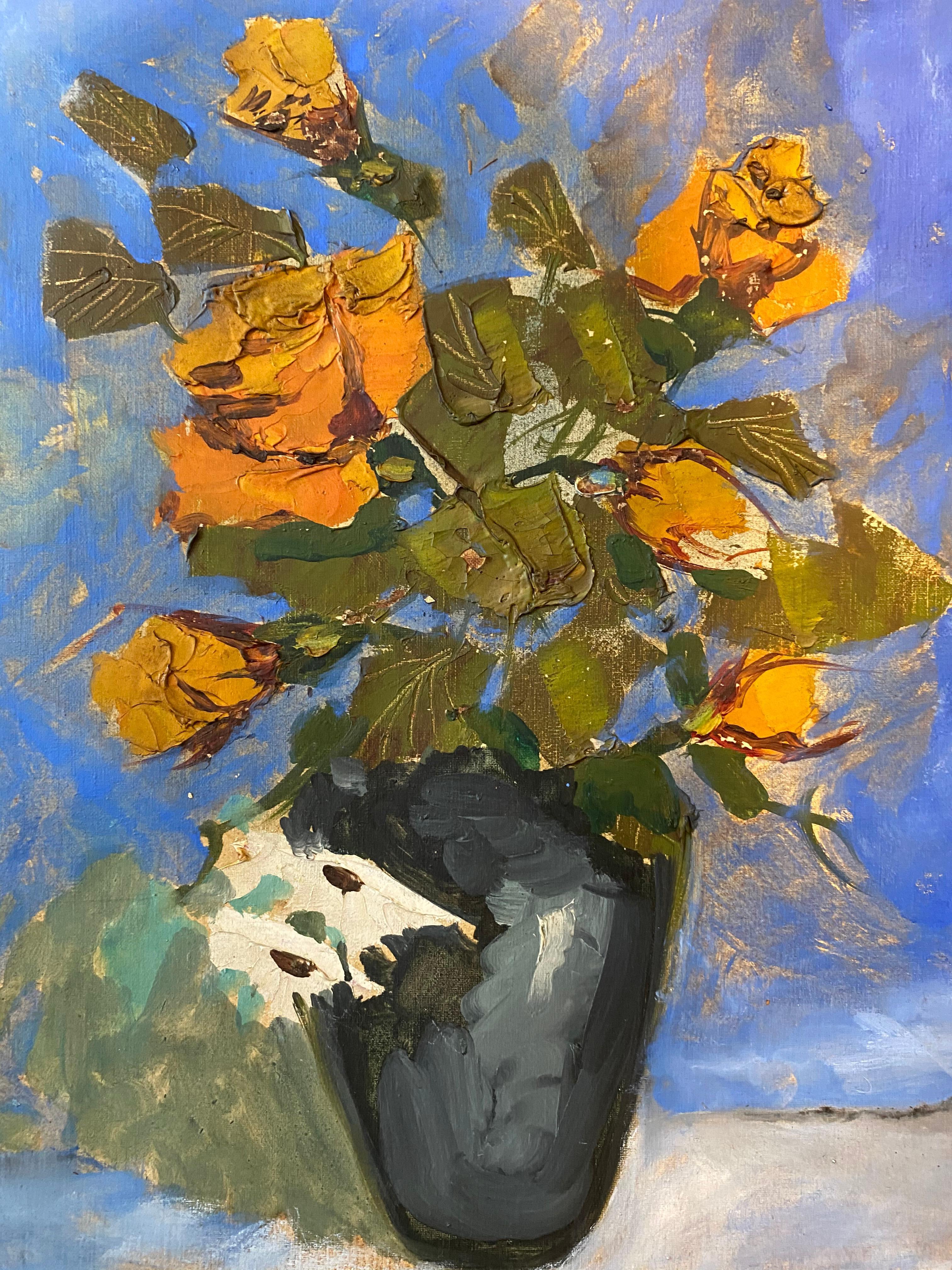 Modernist Floral Oil Painting Roses, Flowers in Vase WPA Artist Nicolai Cikovsky For Sale 2