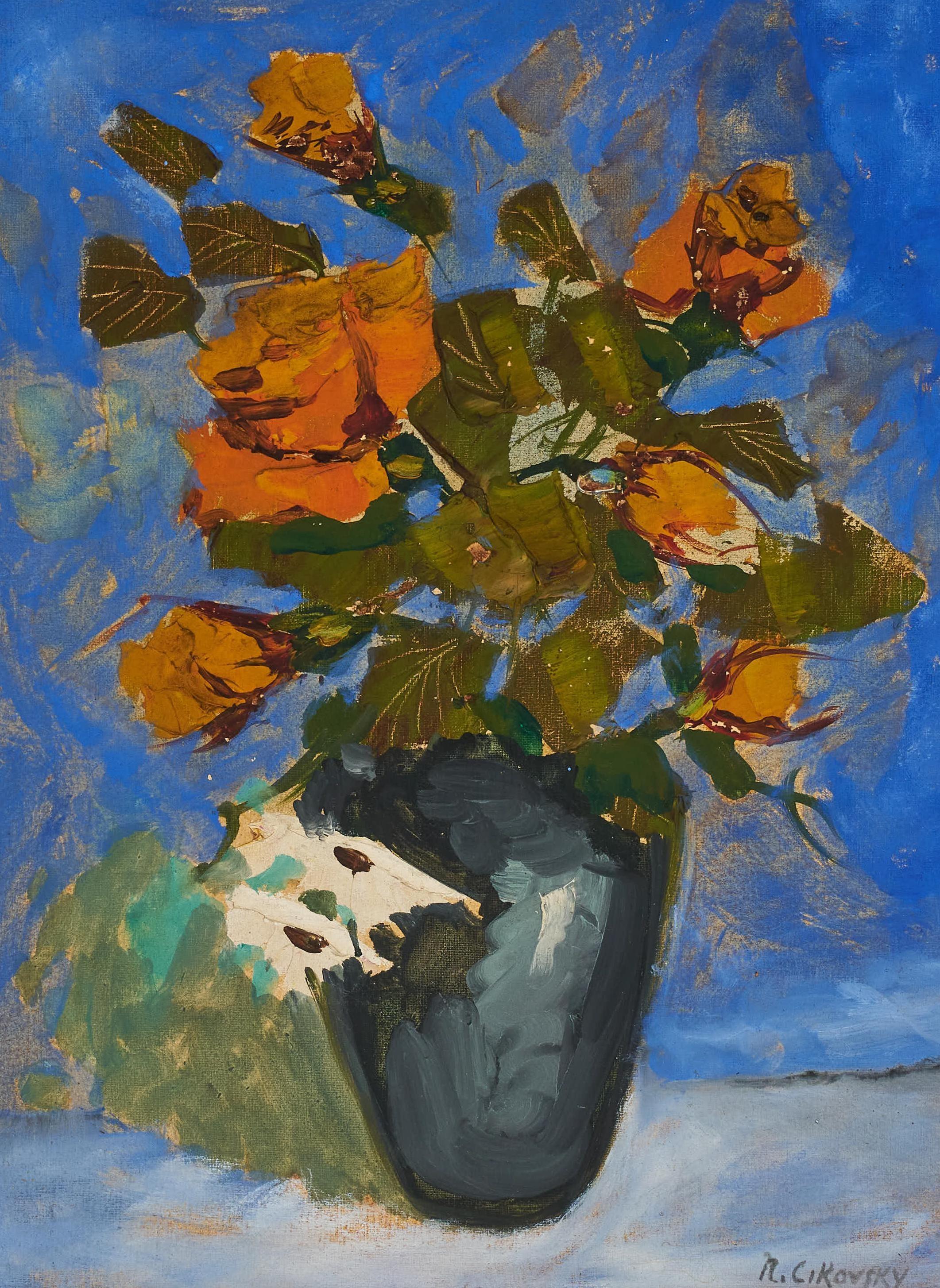 Modernist Floral Oil Painting Roses, Flowers in Vase WPA Artist Nicolai Cikovsky