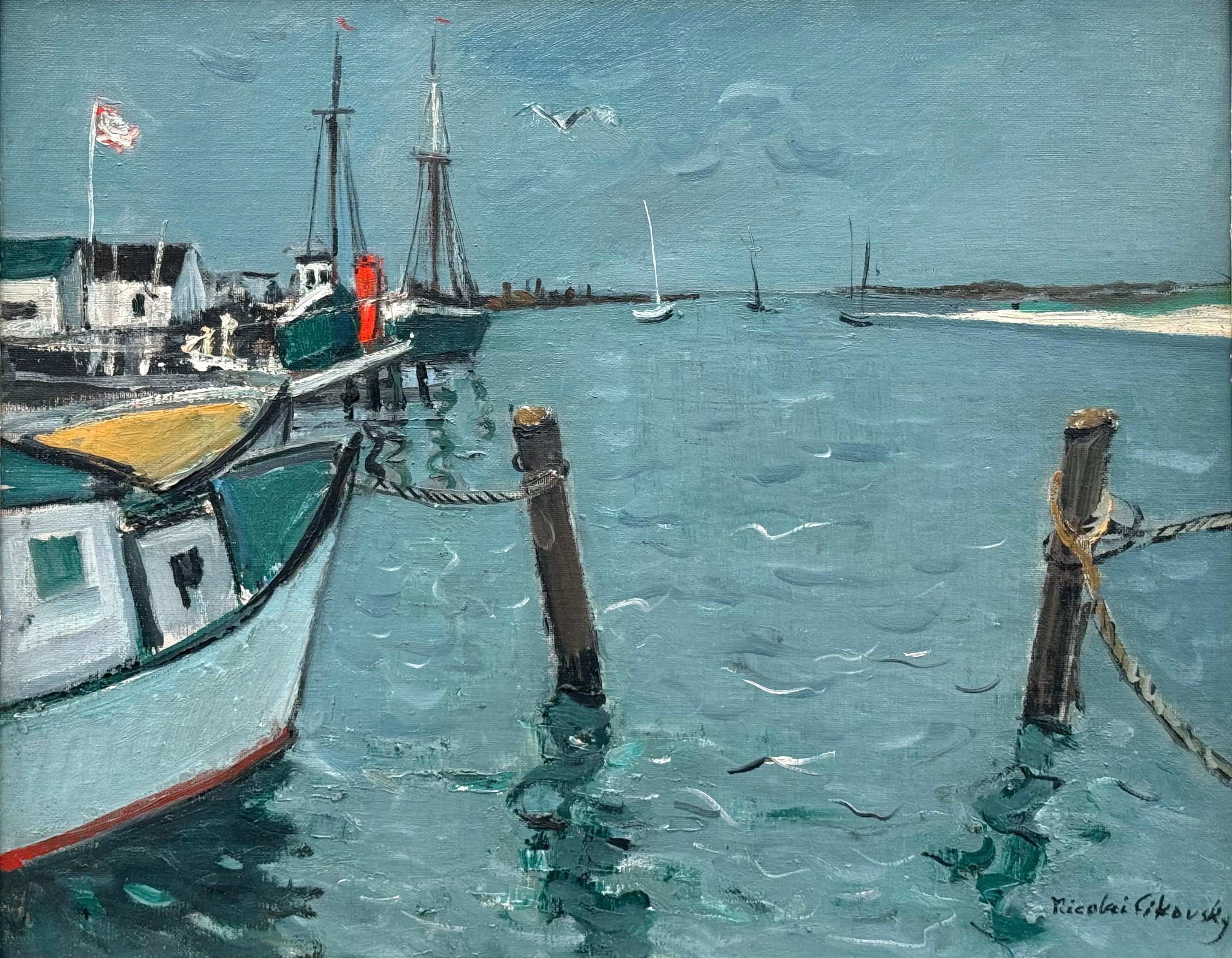 Original-Ölgemälde auf Künstlerleinwand vom Southampton Commercial Fishing Dock in der Nähe des Shinnecock Canal in Southampton, New York. Signiert vom Künstler unten rechts. Ca. 1965.  Der Zustand ist ausgezeichnet. Originaler, dunkel gebeizter