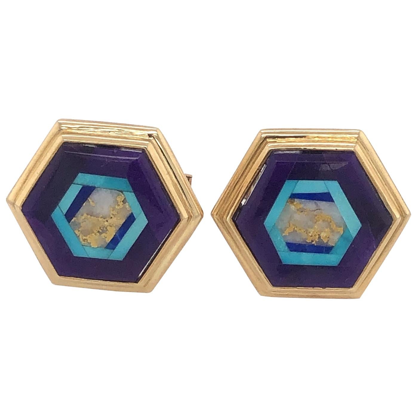 Nicolai Medvedev Geometric Gemstone Intarsia 18 Karat Gold Cufflinks For Sale