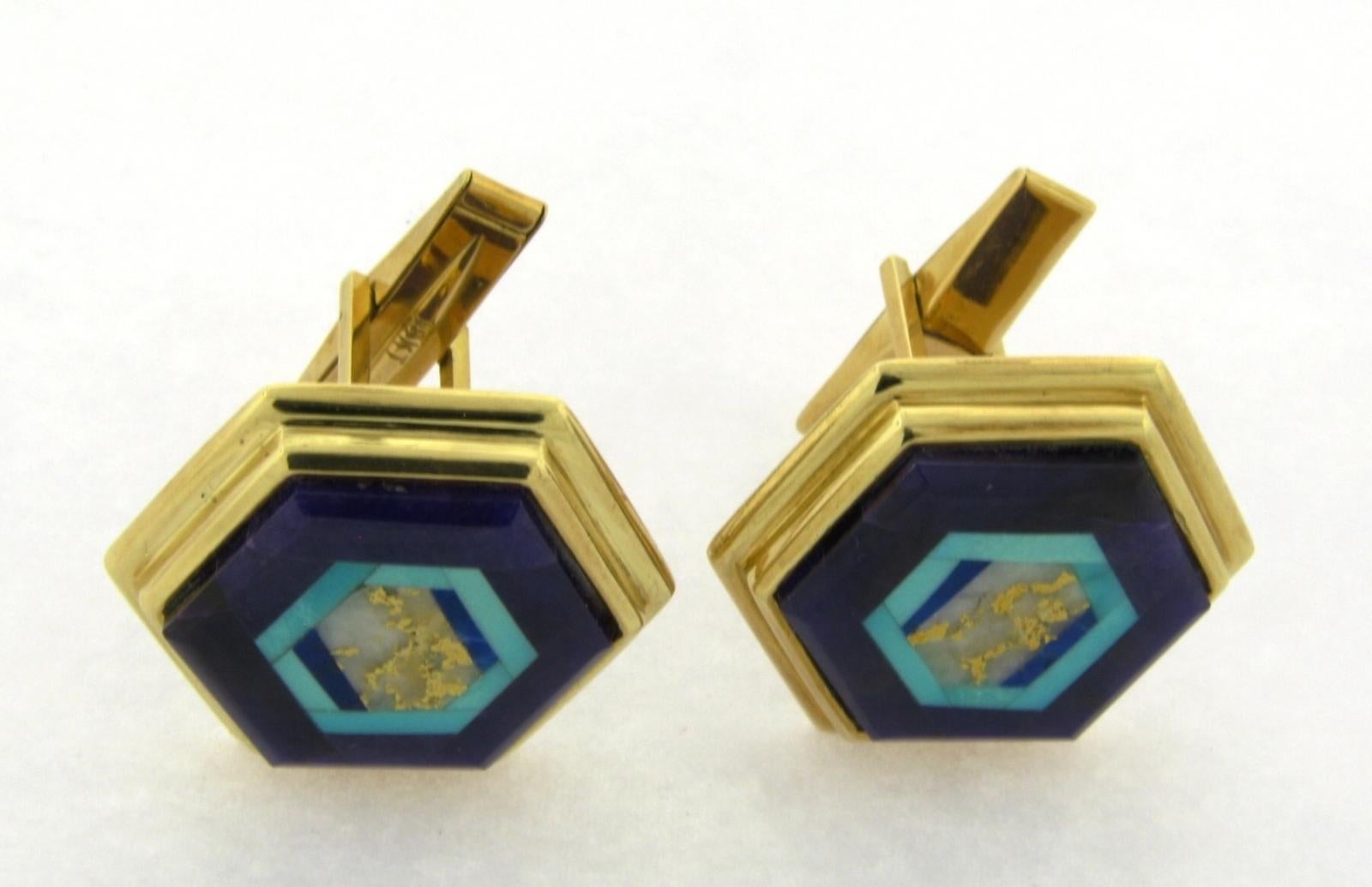 Artisan Nicolai Medvedev Geometric Gemstone Intarsia 18 Karat Gold Cufflinks For Sale