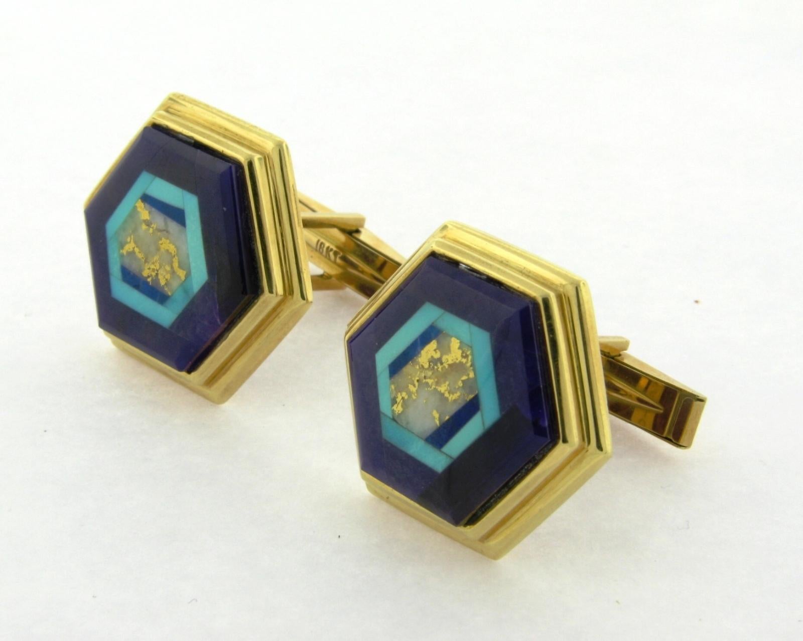 Nicolai Medvedev Geometric Gemstone Intarsia 18 Karat Gold Cufflinks In Good Condition For Sale In Woodland Hills, CA