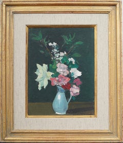 Antikes amerikanisches Stillleben mit Blumen in einem blauen Krug Gerahmtes Ölgemälde