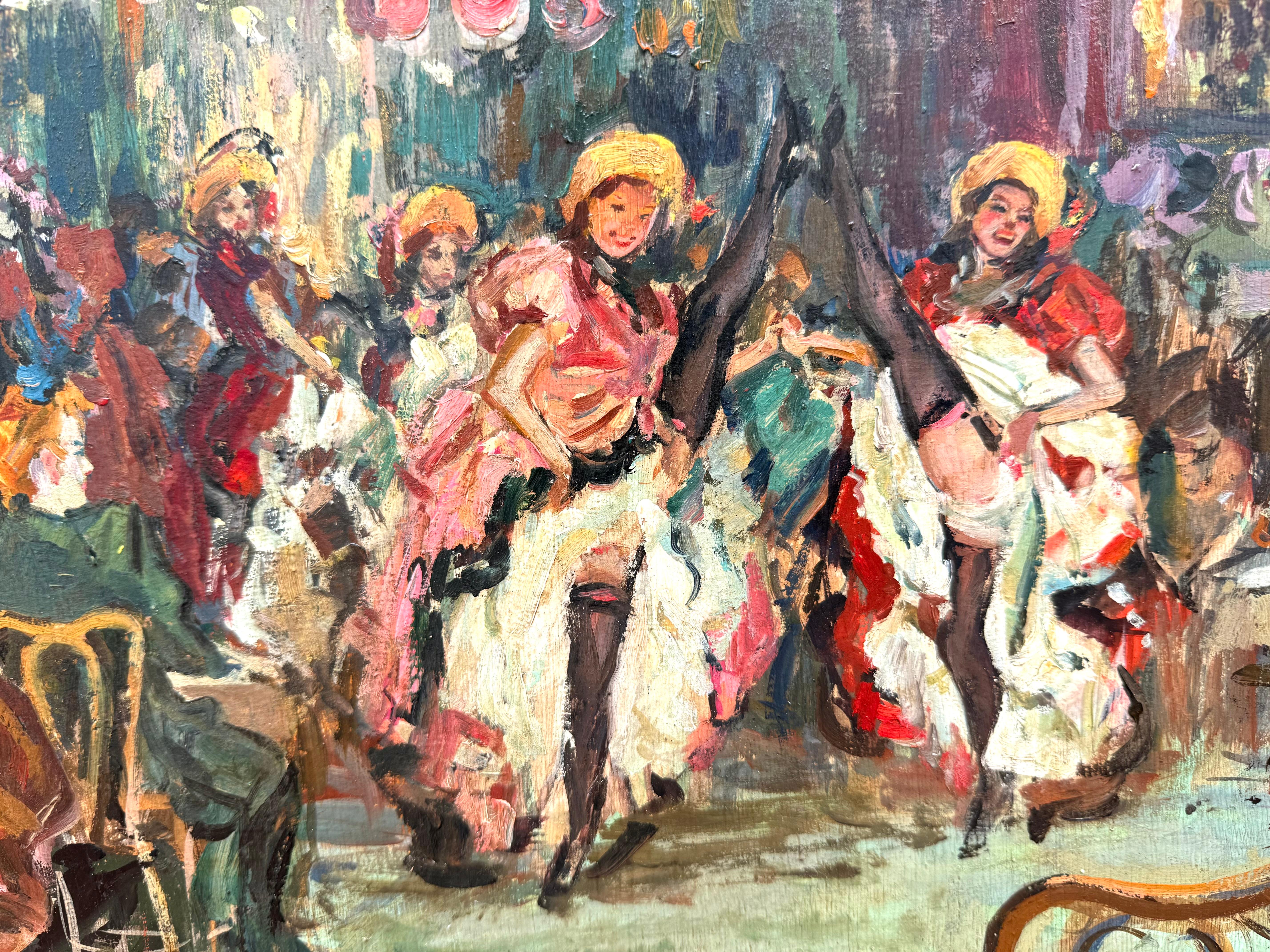 Original oil on wooden panel painting of a lively interior scene composed of two colorfully dressed  can can girls preforming in front of a packed house of interested spectators.  Signed lower left “N. Barerra”.  Circa 1945.  Condition is very good.