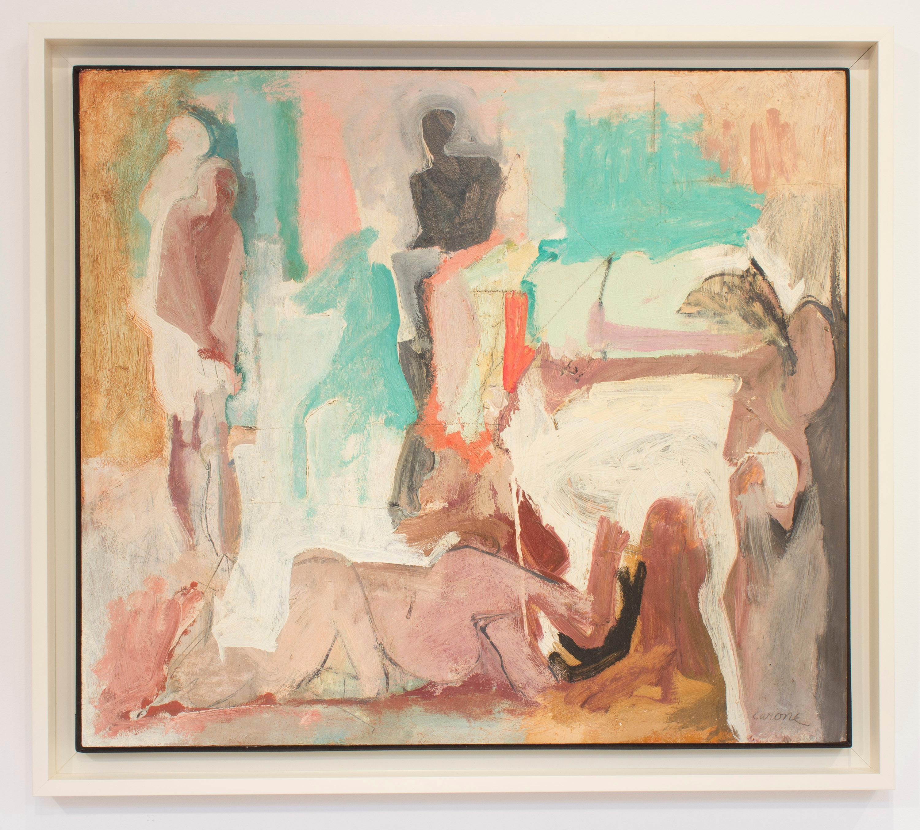 This is an abstracted figurative oil painting by Nicolas Carone titled 'Untitled (P-2824-S),' which is from 1961,. 'Untitled (P-2824-S)' is a beautiful composition of solft colors through which can be read reclining figures; a lone, dark figure