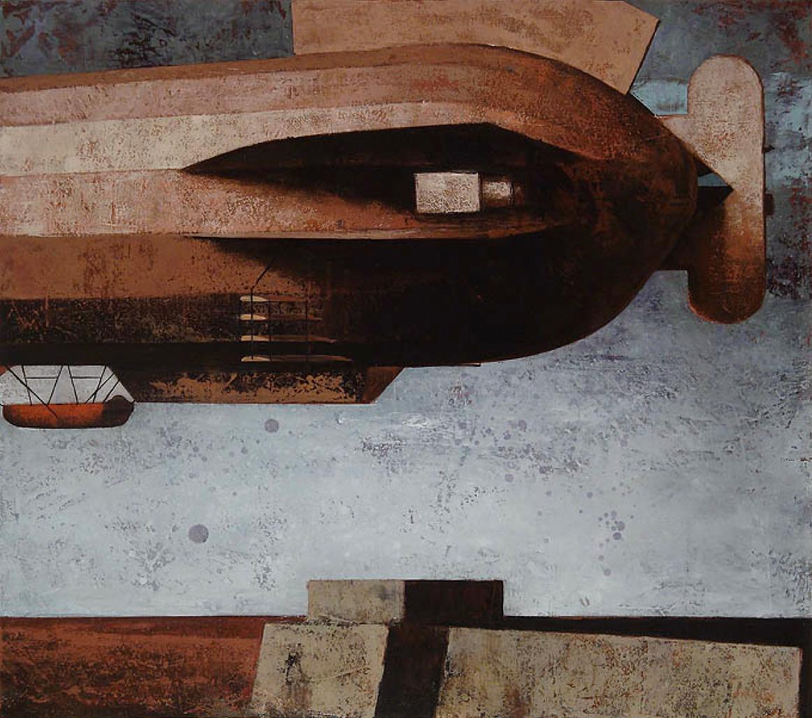 Nicolas De la Hoz Figurative Painting - Zeppelin in an Imaginary Port