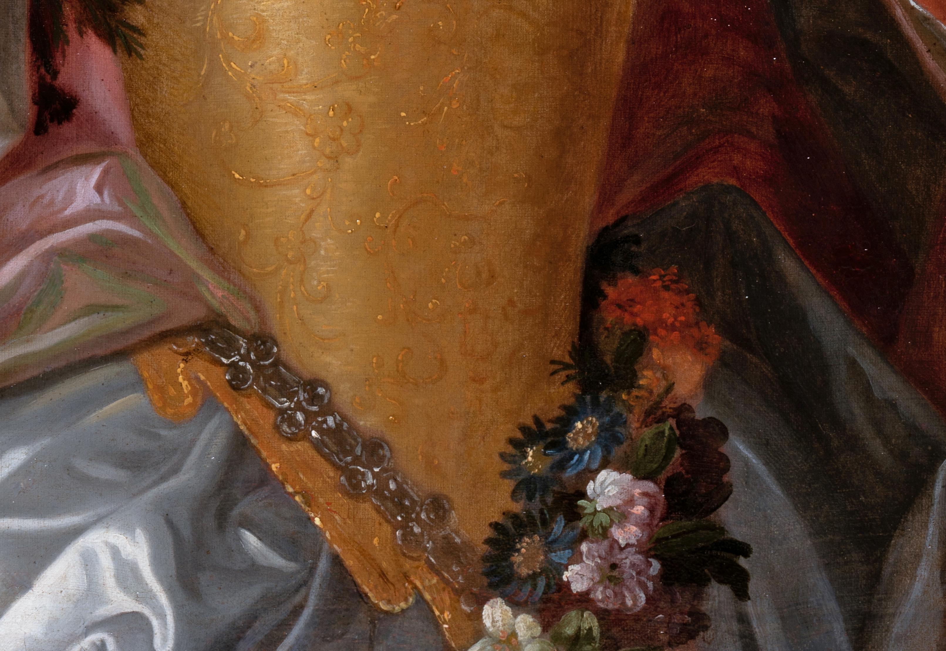 École française de la fin du XVIIe siècle,
Atelier de Nicolas de Largillière (Paris, 1656-1746)
Circa 1690
Cette ravissante jeune femme est représentée à mi-hauteur, déguisée en Flore, déesse des fleurs, elle porte la tenue printanière et regarde le