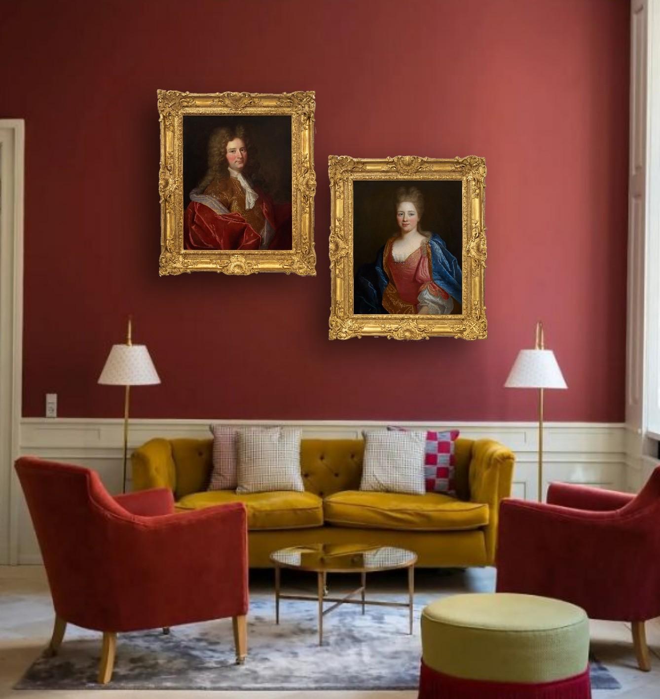 Porträt einer Dame und Porträt eines Herren, Samt- und Seidengewand um 1700 Französisch (Alte Meister), Art, von Nicolas De Largilliere