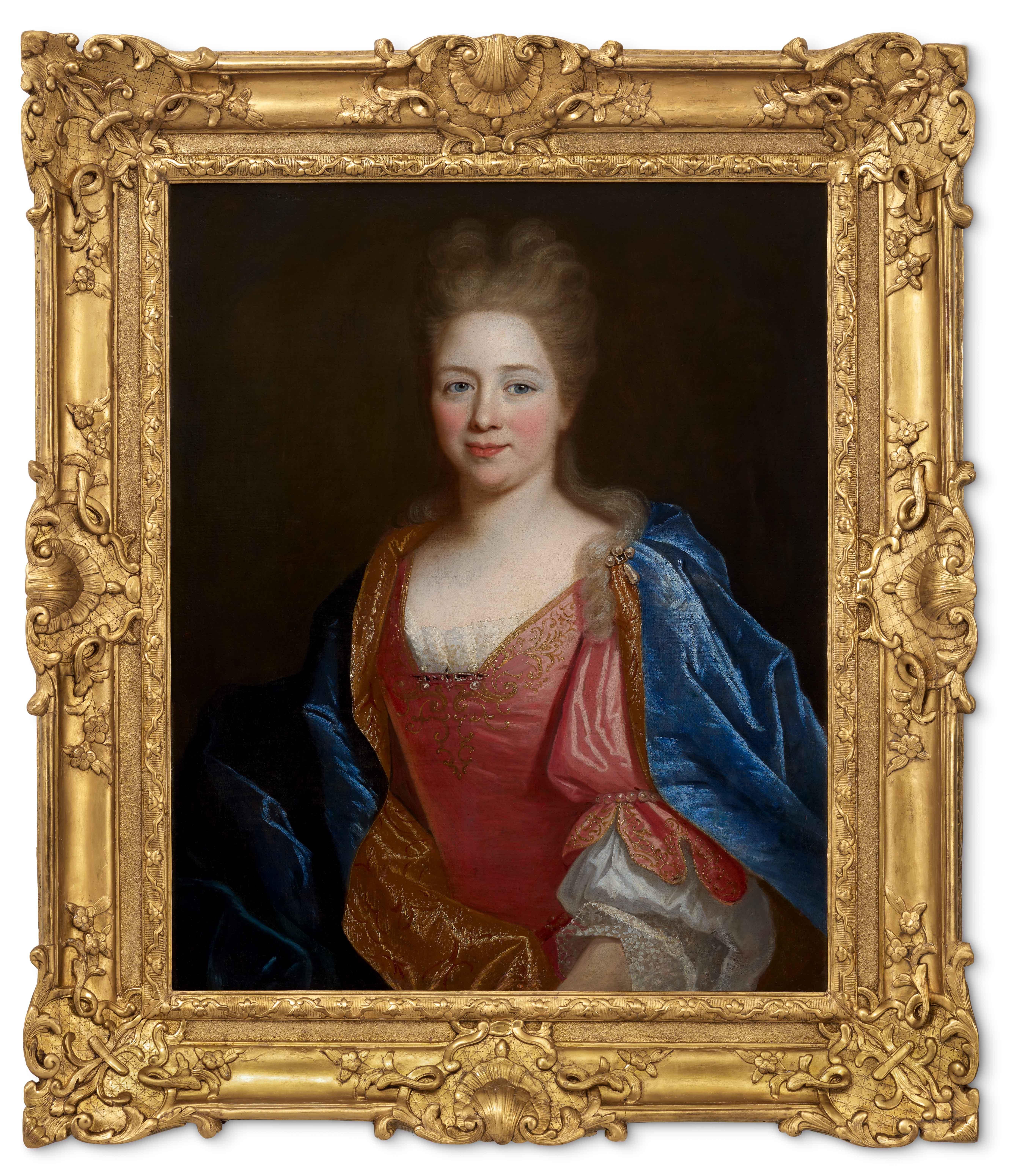 Porträt einer Dame und Porträt eines Herren, Samt- und Seidengewand um 1700 Französisch im Angebot 1