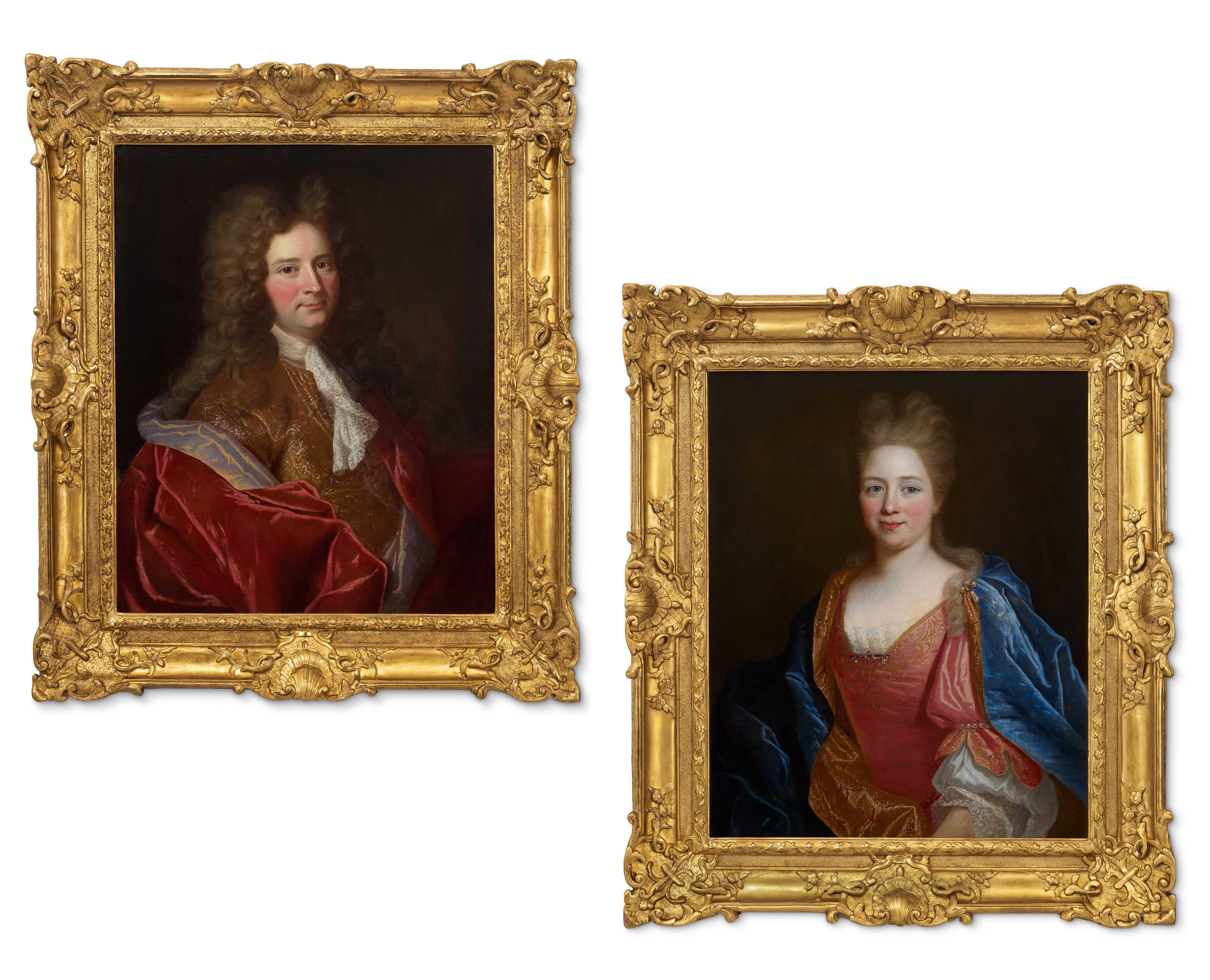 Porträt einer Dame und Porträt eines Herren, Samt- und Seidengewand um 1700 Französisch – Art von Nicolas De Largilliere
