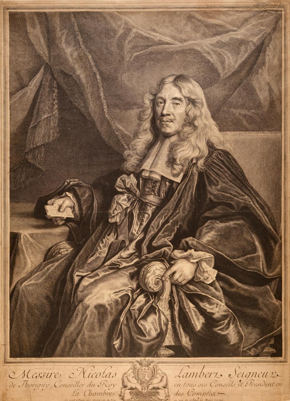 N. Lambert Seigneur de Thorigny: 17. Jh. Gestochenes Porträt nach Largillière – Print von Nicolas De Largilliere