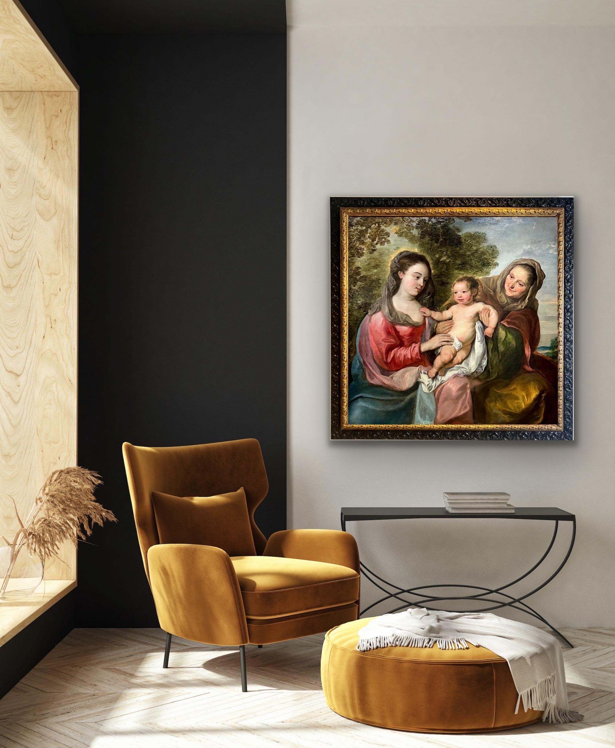 Gemälde eines Alten Meisters aus dem 17. Jahrhundert, das das Christuskind mit Maria und der Heiligen Anne-Marie darstellt und Nicolas de Liemaker zugeschrieben wird

Der Künstler des vorliegenden Werks hat den liebevollen Blick Marias, die ihr Kind