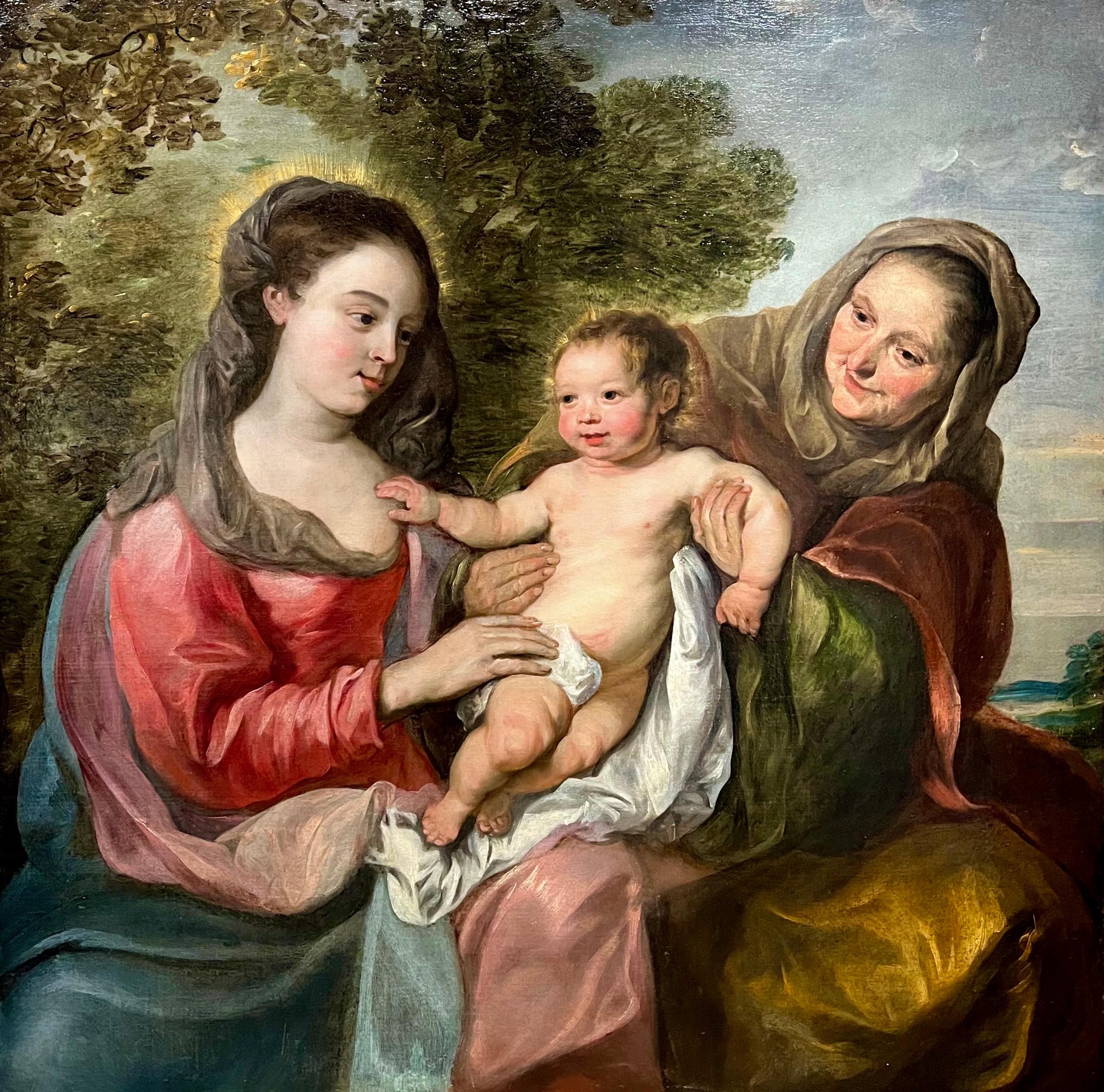 Grand tableau religieux familial du XVIIe siècle - Marie avec le Christ et Anna