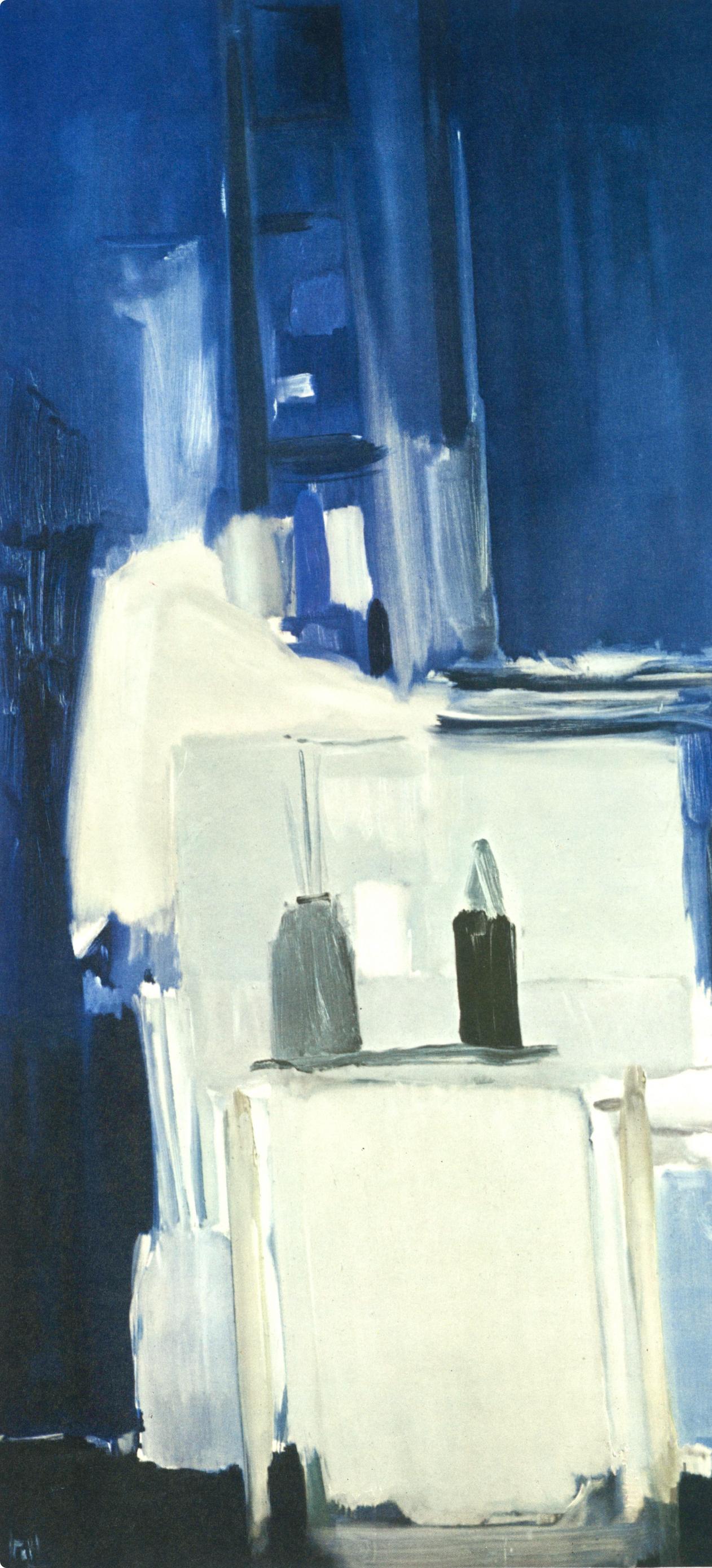de Staël, Coln d'atelier, fond bleu, Peintres d'aujourd'hui (after) - Blue Abstract Print by Nicolas de Staël