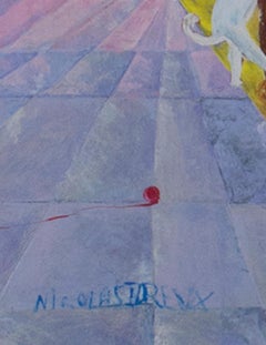 ""Table à gratter avec chat", peinture à l'huile sur toile intérieure signée par Nicolas Dreux