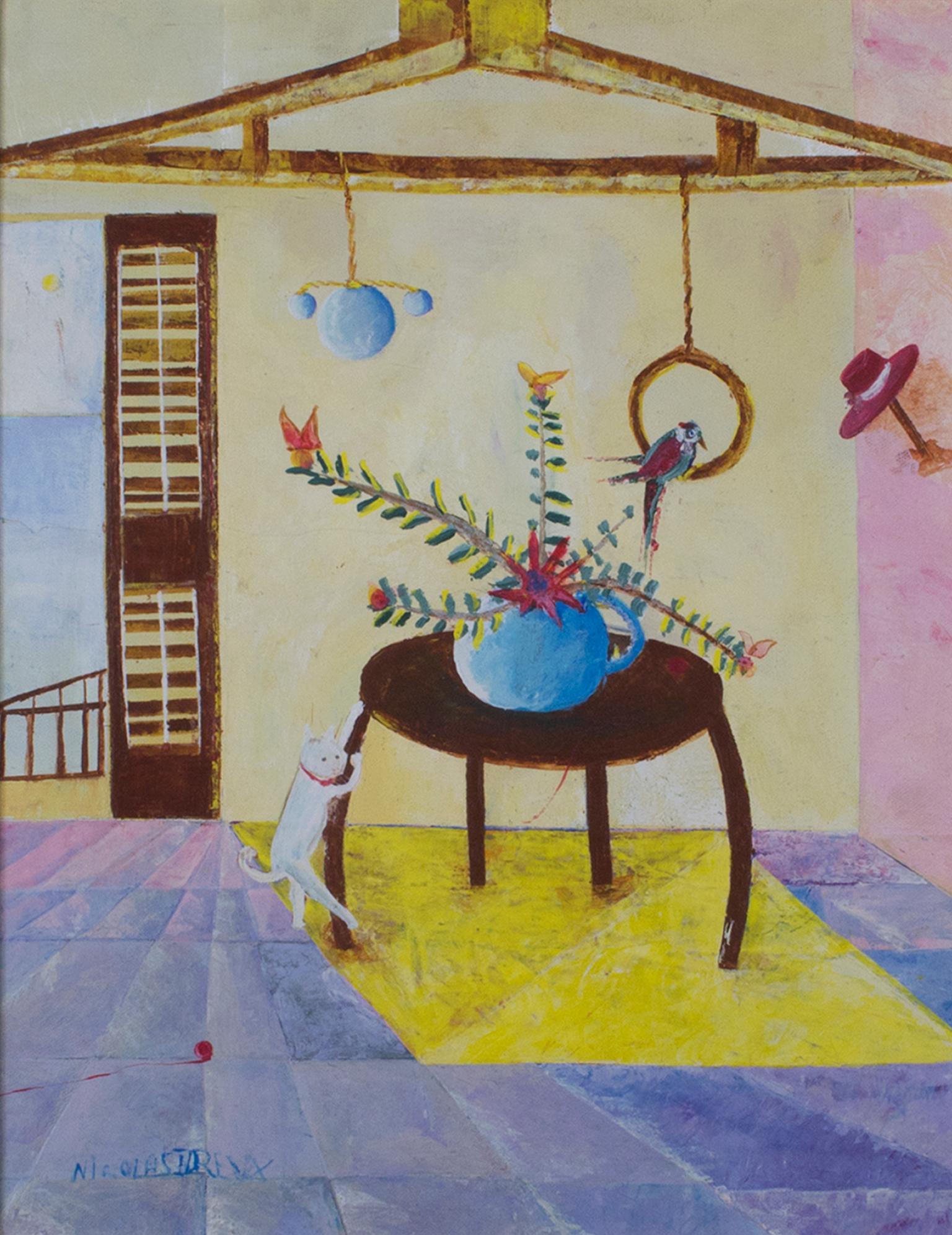 "Cat Scratching Table" ist ein Original-Ölgemälde auf Leinwand von Nicolas Dreux. Der Künstler hat das Werk unten links signiert. Es zeigt eine Katze und einen Vogel in einem pastellfarbenen Innenraum.

18" x 14" Kunst
27 1/4" x 23 1/4"