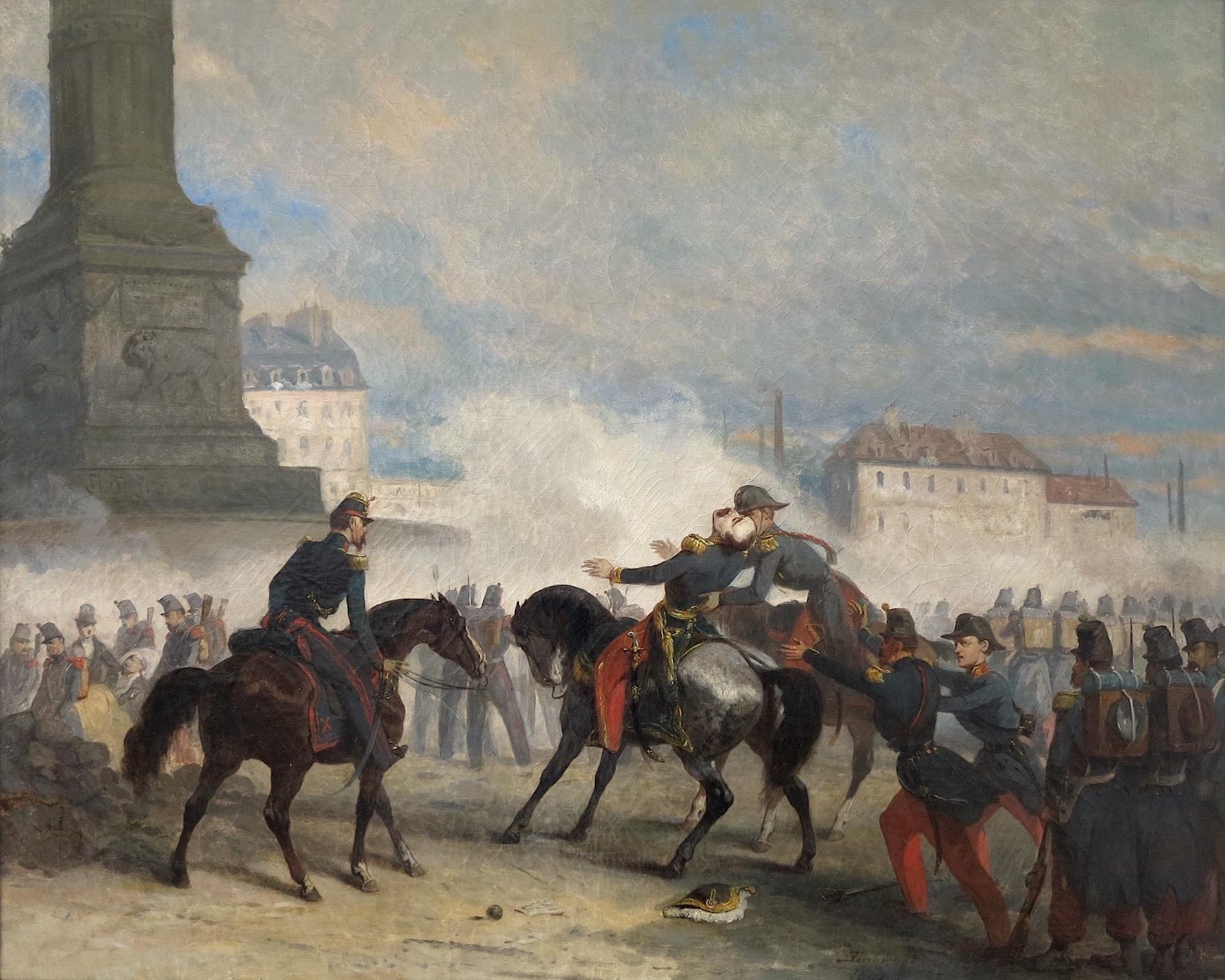 Der Tod von General Négrier auf der Place de la Bastille, Paris - Frankreich – Painting von Nicolas Edward Gabé