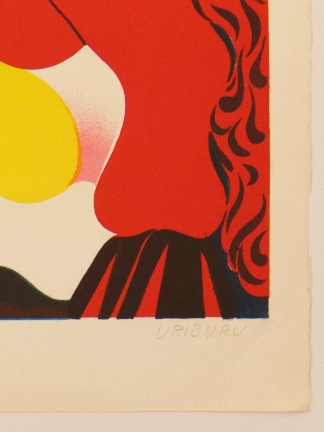 Nicolas Garcia Uriburu utilise des formes et des couleurs audacieuses - rouge vif, rose, orange et jaune contrastant avec un riche bleu cobalt - pour capturer l'énergie vibrante de deux béliers s'affrontant dans cette lithographie de 1980 signée et