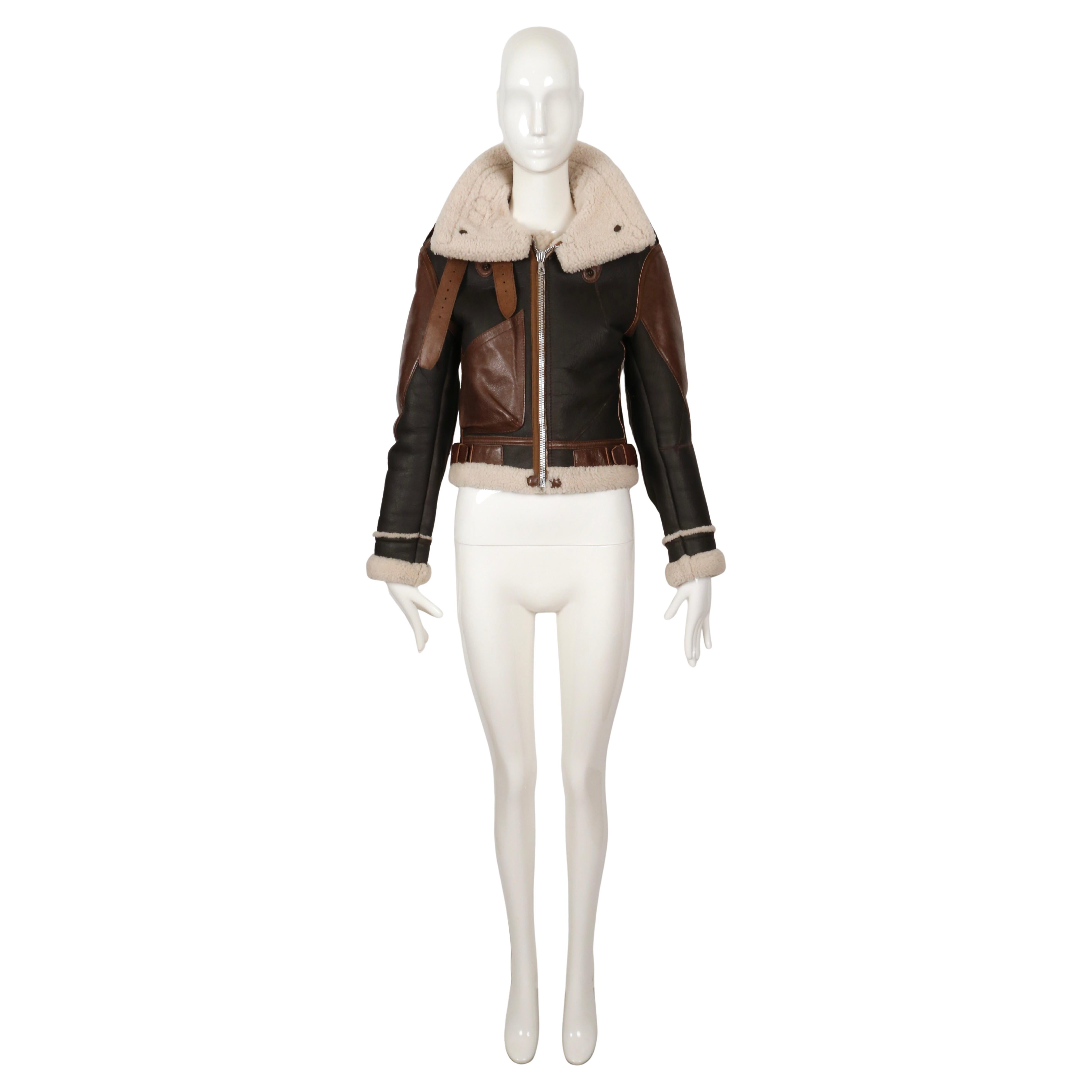 Very rare aviator shearling jacket designed by Nicolas Ghesquiere for Balenciaga dating to Fall 2003. Slightly cropped version seen on the runway.  French size 36. Approximate measurements (exterior) 34