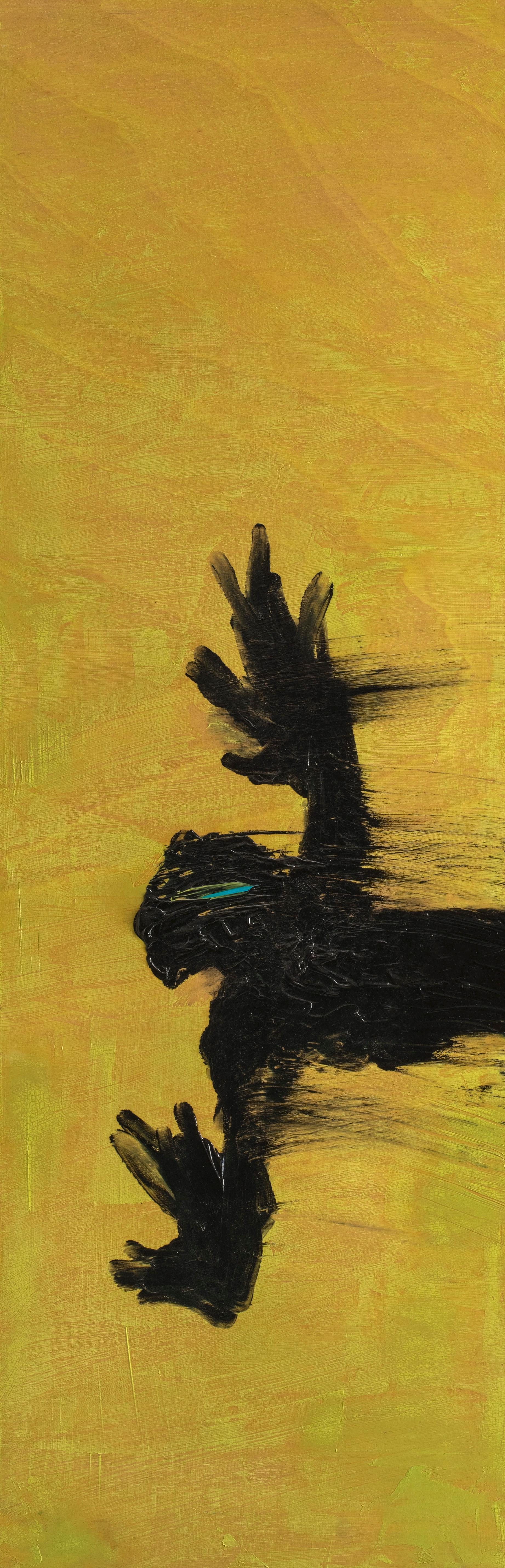 Peinture britannique du 21e siècle Flight Nicolas Kennett représentant un personnage de vol, jaune et noir
