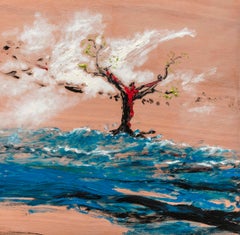 Nicolas Kennett, peinture britannique du 21e siècle représentant un paysage, fleurs d'arbres et ciel, suspendue