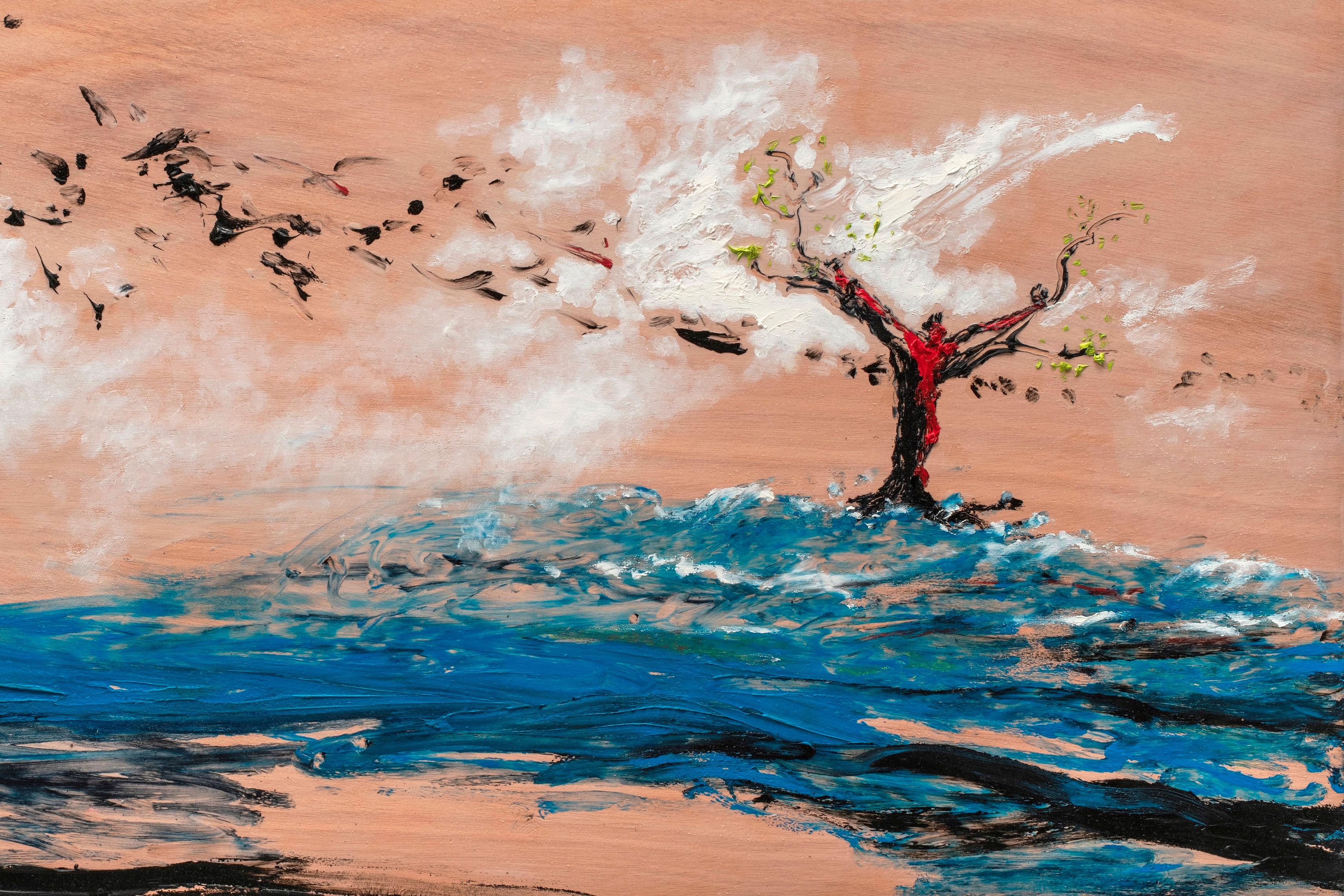 Nicolas Kennett, peinture britannique du 21e siècle représentant un paysage, fleurs d'arbres et ciel, suspendue en vente 3