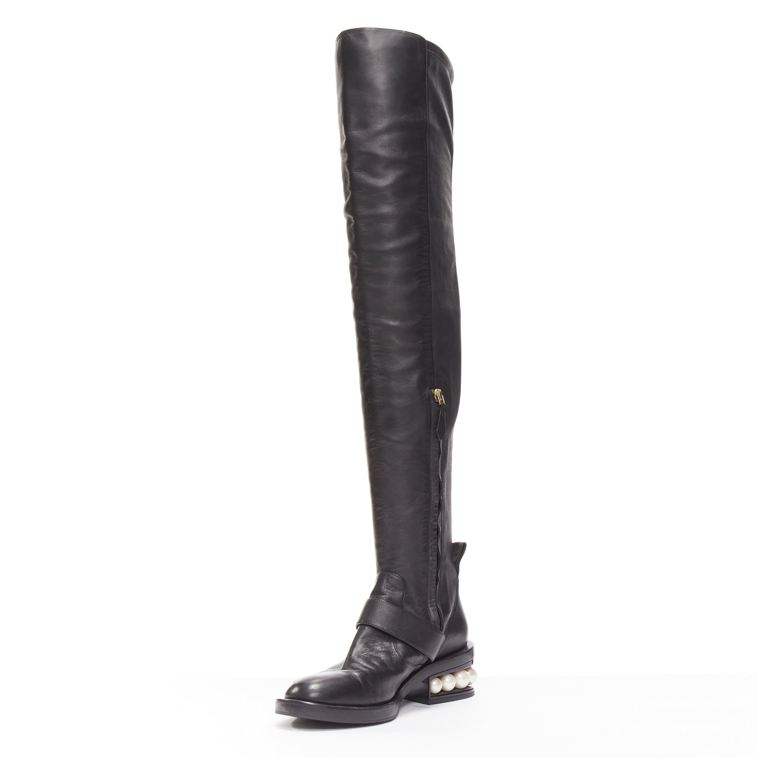 Women's NICOLAS KIRKWOOD black XL pearl embellished heel knee high flat boots EU37.5 For Sale