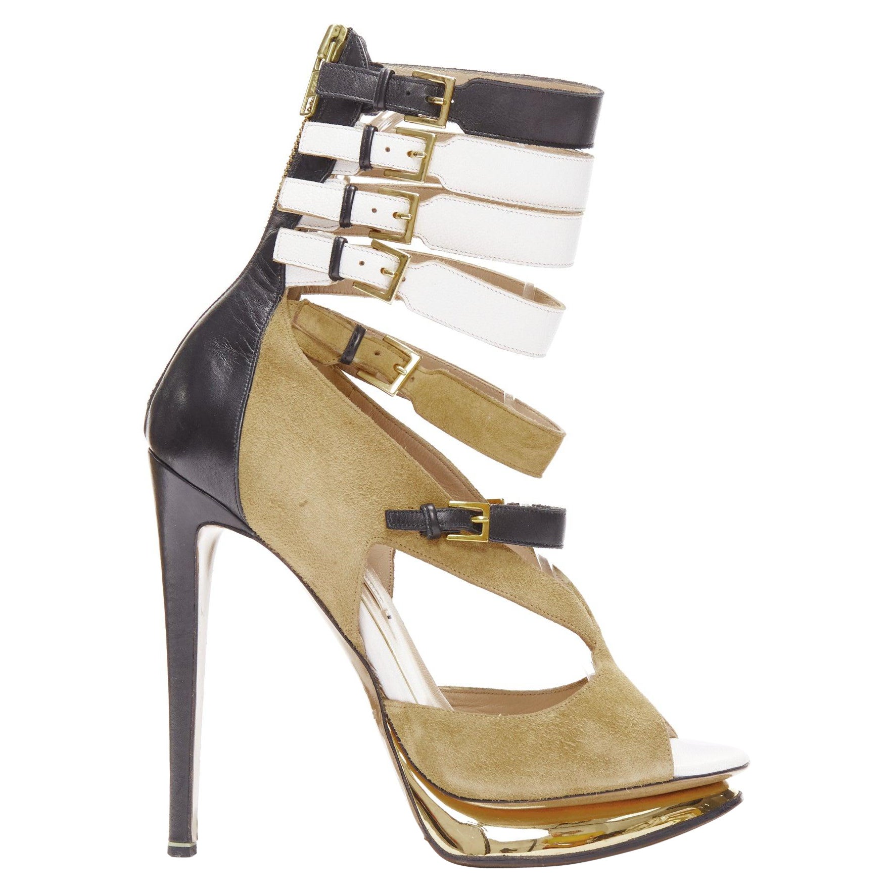 NICOLAS KIRKWOOD brown suede white black gladiator gold platform heel EU37