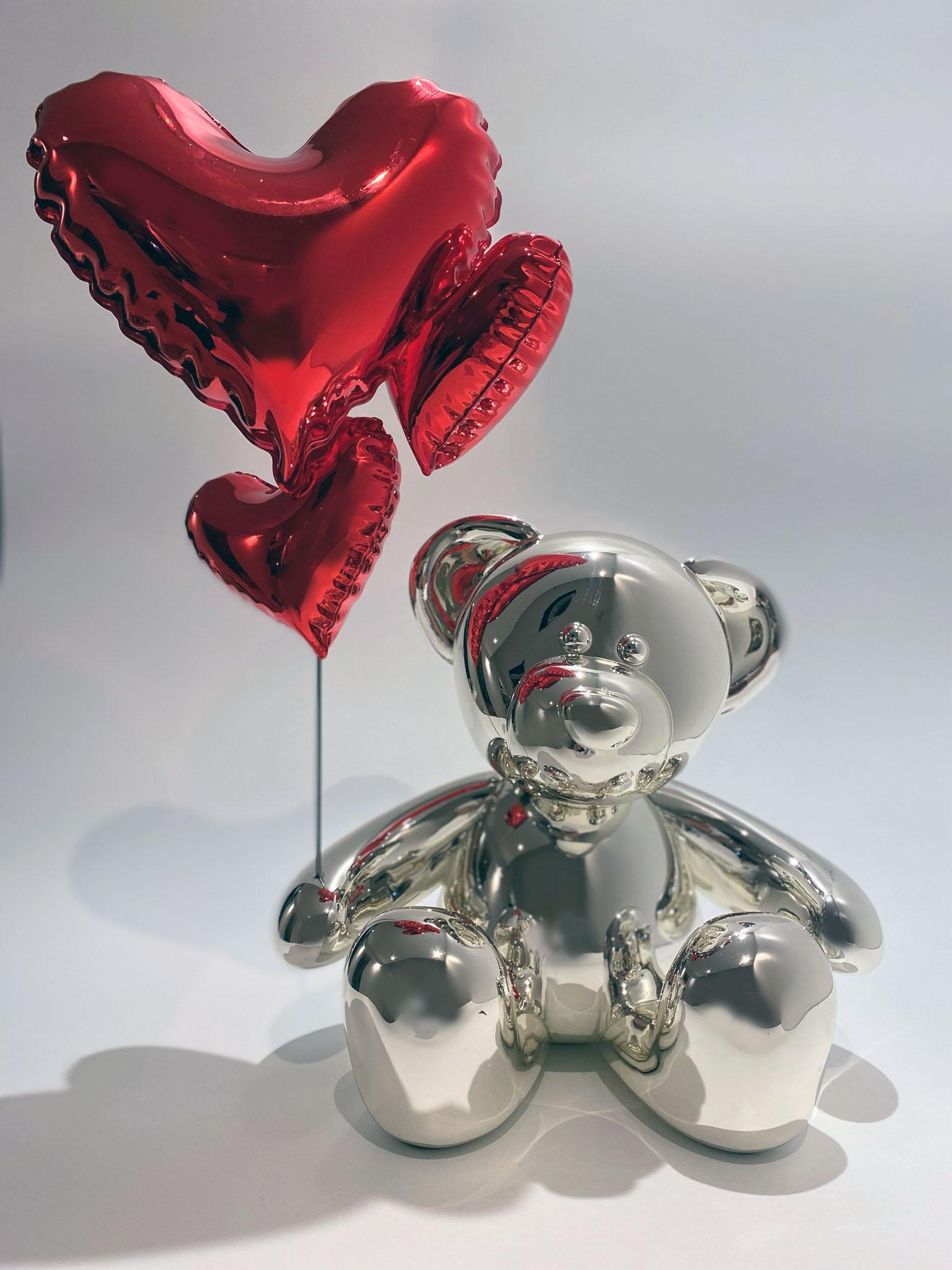 Nicolas Krauss Figurative Sculpture - Teddy Love - Chrome Silver & Red
