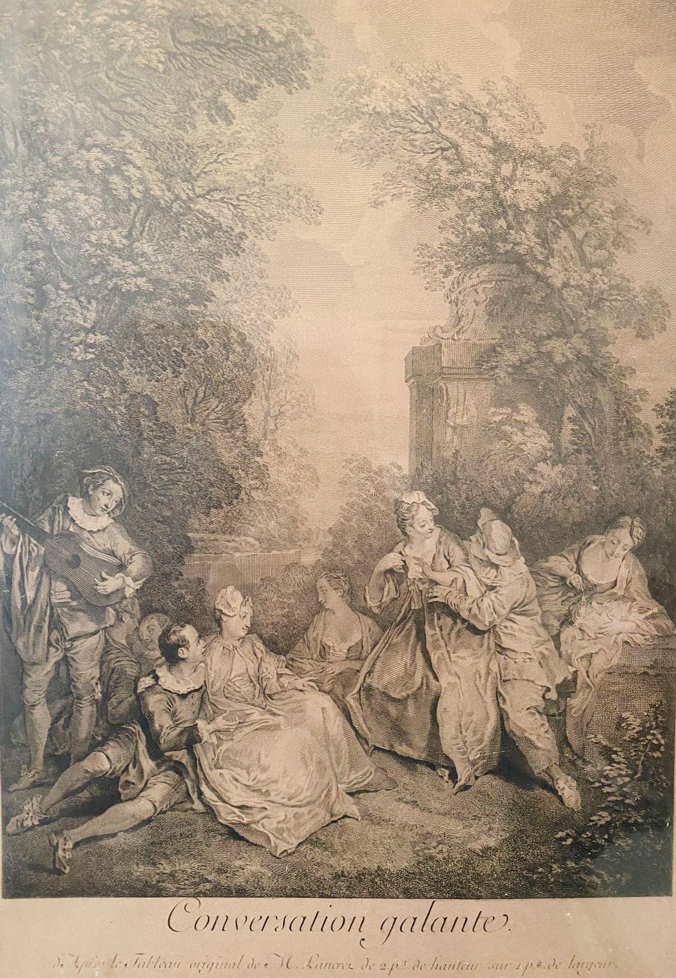 This charming engraving is the work of Jacques Philippe, after the one by Nicolas Lancret. This work is the one that was used for the reception of LeBas at the academy. This engraving represents 3 couples in gallant love. A woman is feeding a rabbit