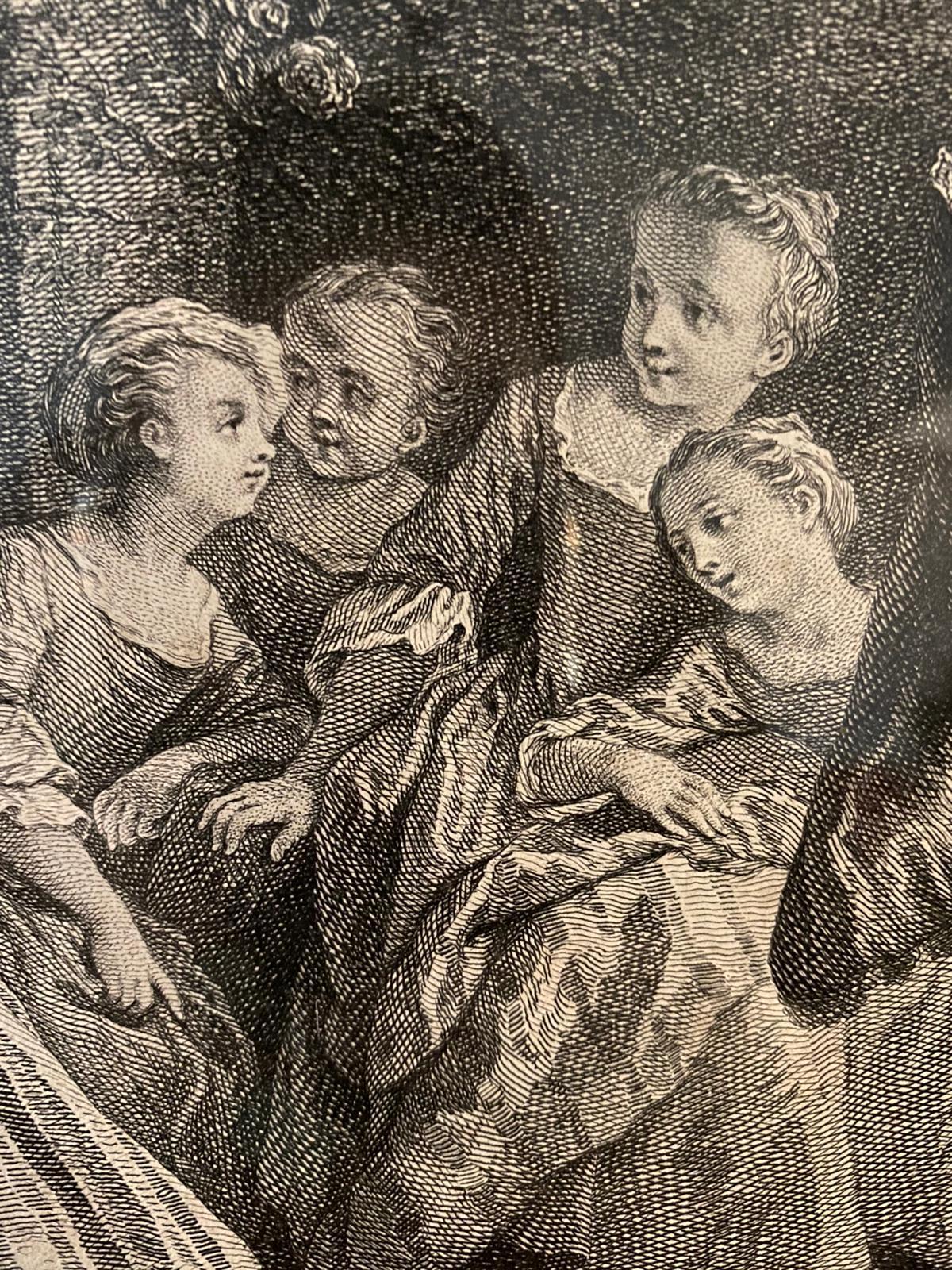 This wonderful engraving belongs to a set of three engravings representing children's games. This series dates from the 18th century. It consists of the game of hide and seek, the game of the four corners and the game of the ox leg. 

The scene
