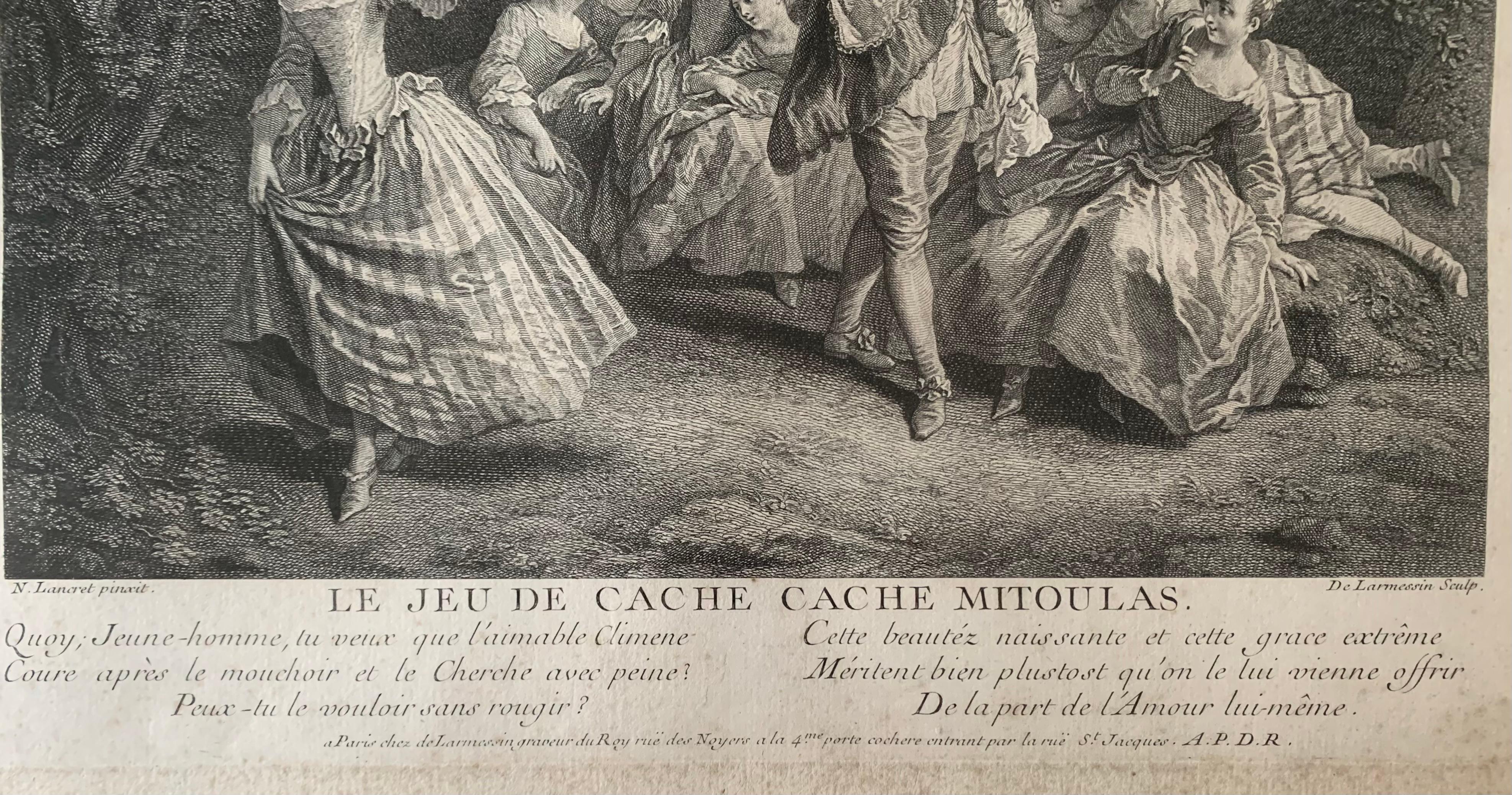 Paper Nicolas Lancret « the Game of Hide and Seek » Engraving 18th Century For Sale