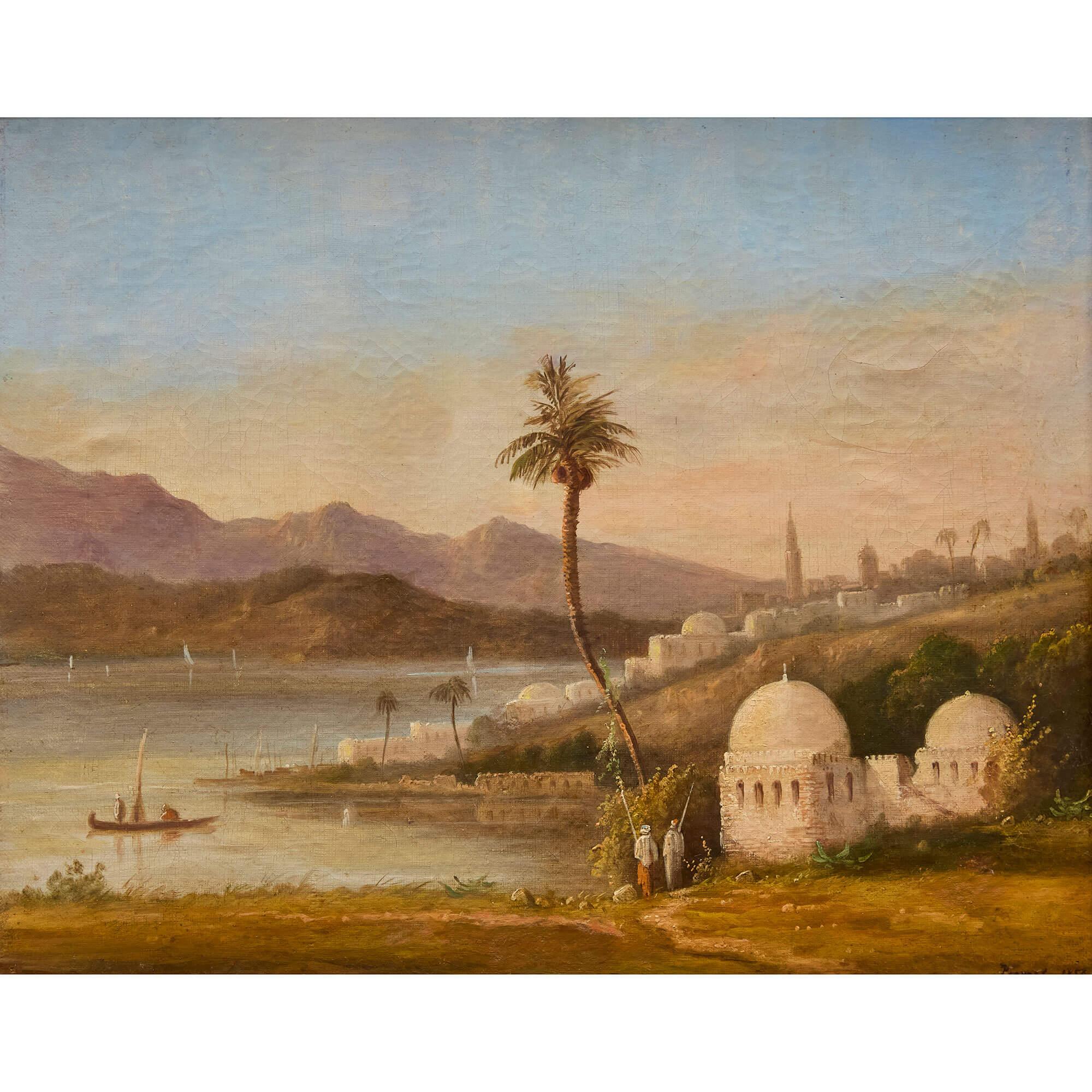 Peinture à l'huile orientale ancienne Mosquée Soirée Paysage côtier Prévost - Painting de Nicolas Louis André Prevost