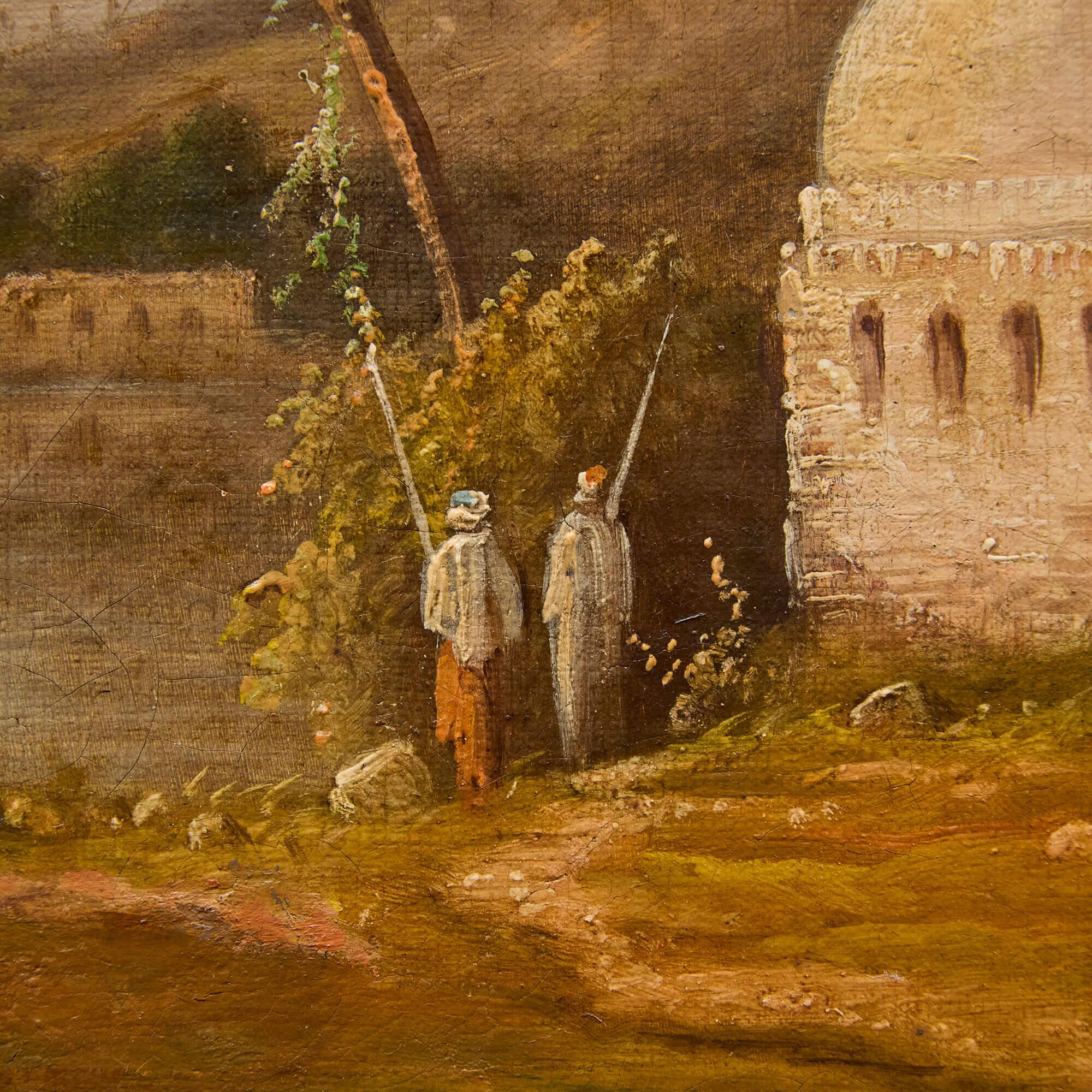 Peinture à l'huile orientale ancienne Mosquée Soirée Paysage côtier Prévost - Marron Landscape Painting par Nicolas Louis André Prevost