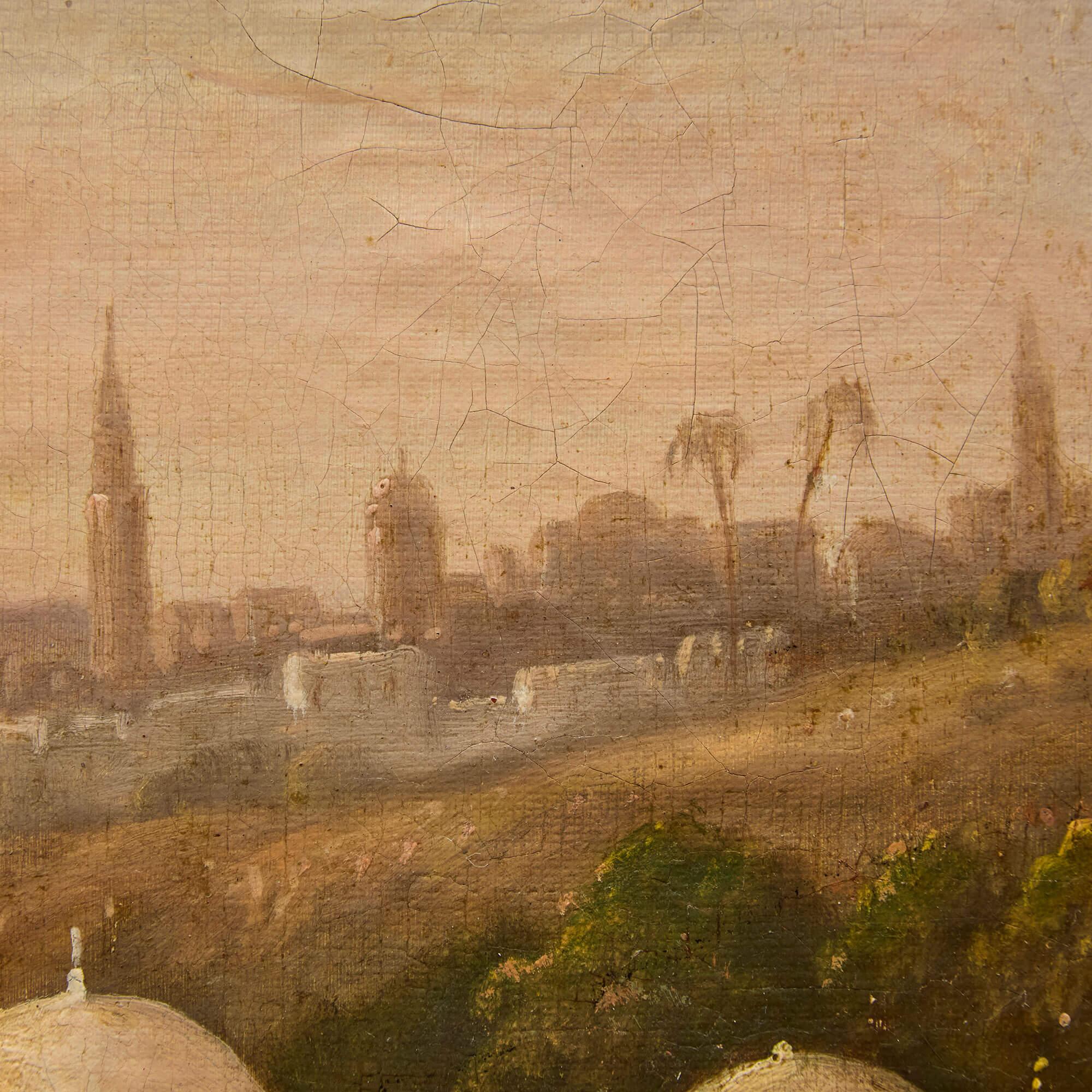 Peinture à l'huile orientale ancienne Mosquée Soirée Paysage côtier Prévost
Suisse, 1856
Toile : Hauteur 38 cm, largeur 47 cm
Cadre : Hauteur 55cm, largeur 65cm, profondeur 7cm

Peinte par Nicolas Louis André Prevost (Suisse, 1817-1864), cette