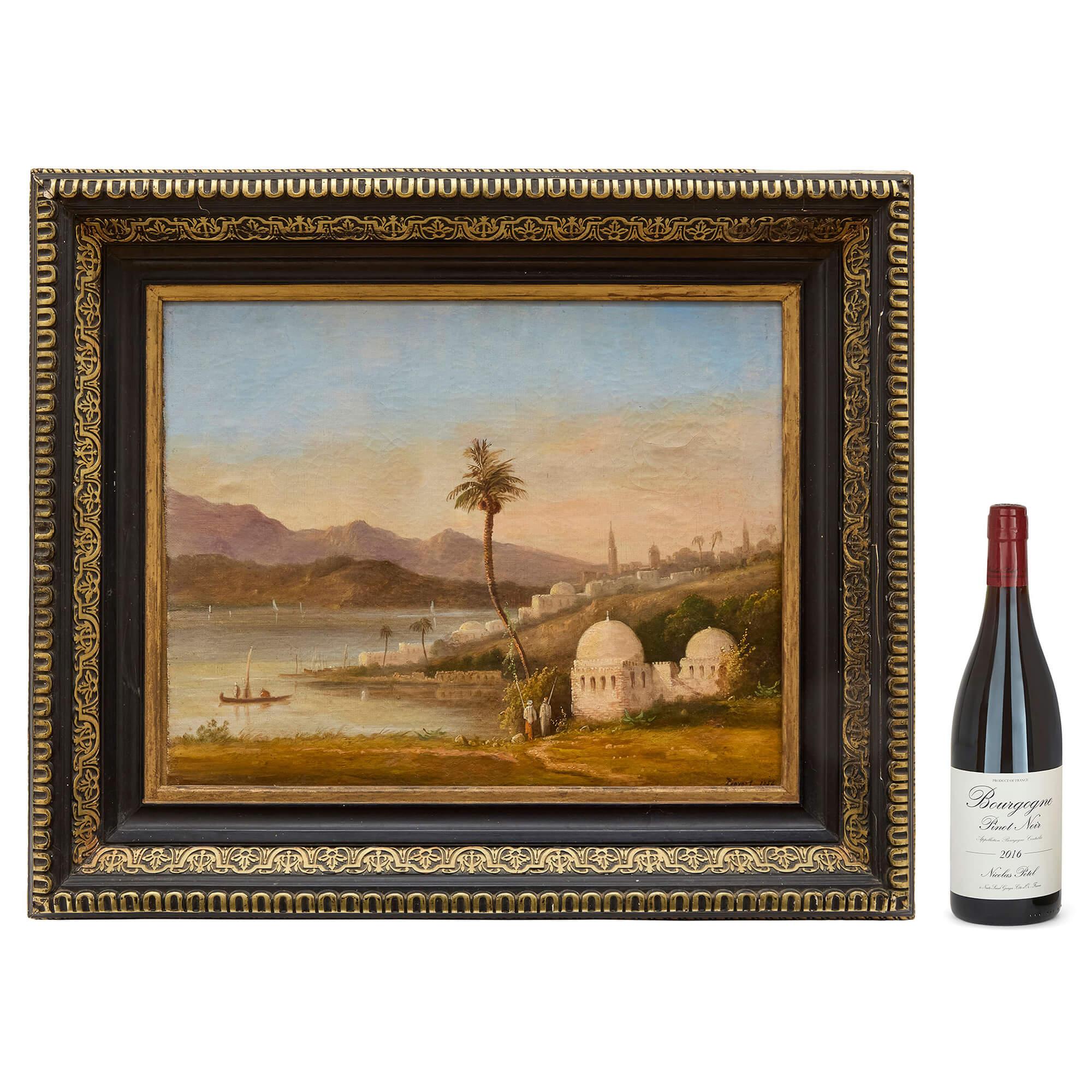 Peinture à l'huile orientale ancienne Mosquée Soirée Paysage côtier Prévost en vente 4