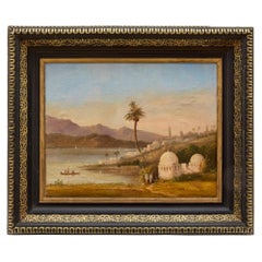 Antique Orientalist Oil Painting Mosque Evening Coastal Landscape Prevost
