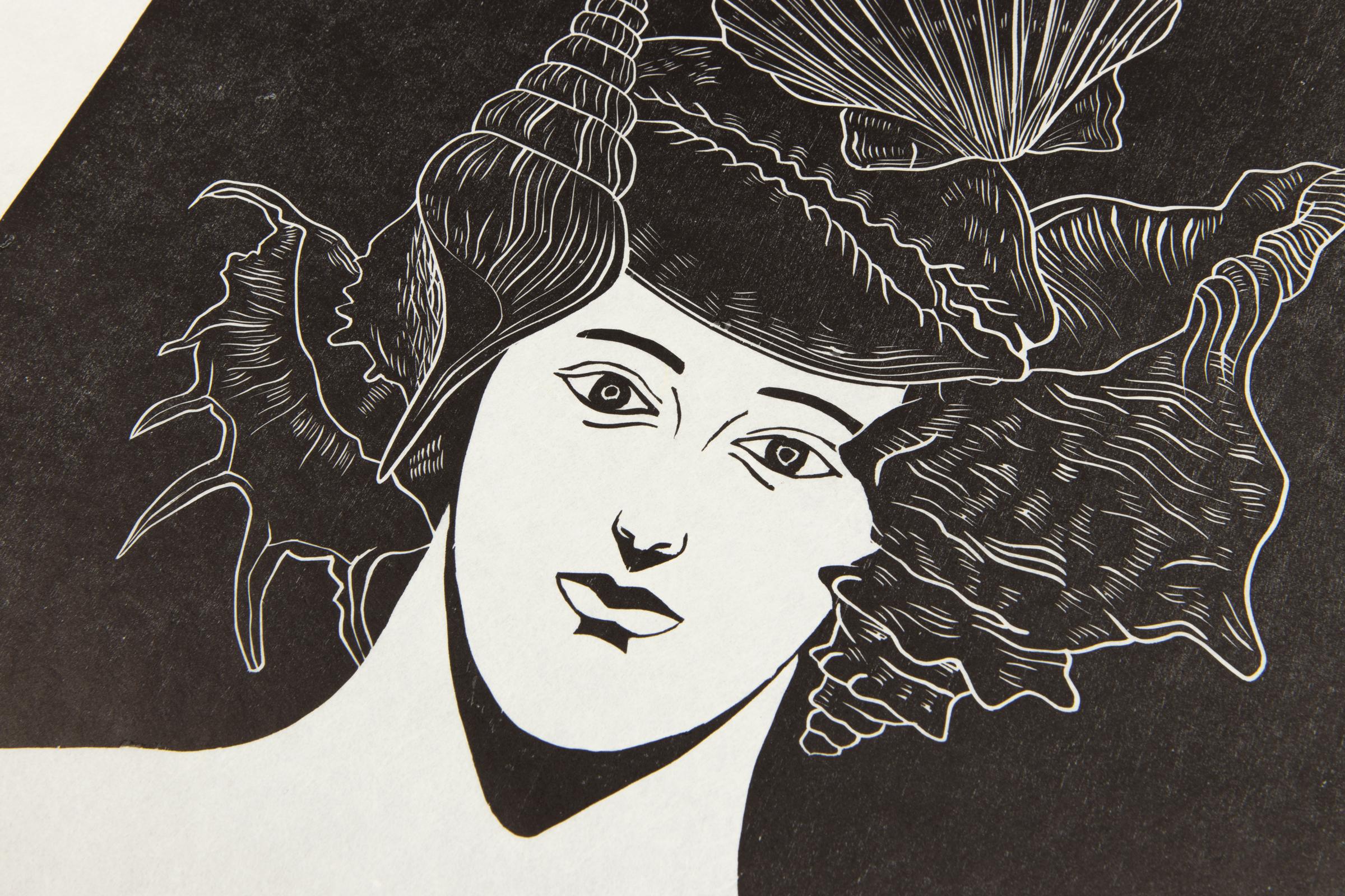 Nicolas Party, Portrait with Shells - Original Woodcut, Signed Print For Sale 1