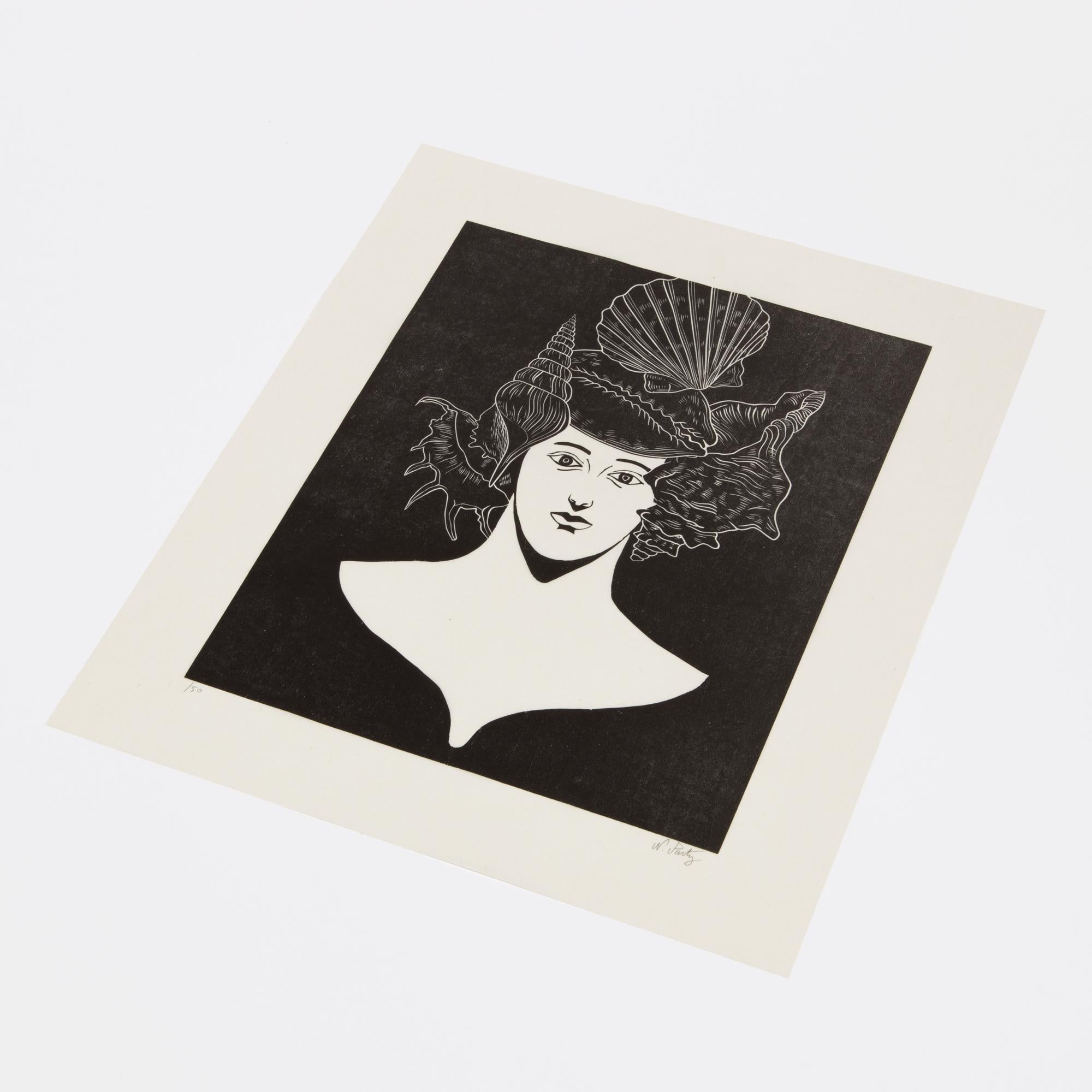 Nicolas Party, Portrait with Shells - Original Woodcut, Signed Print For Sale 2