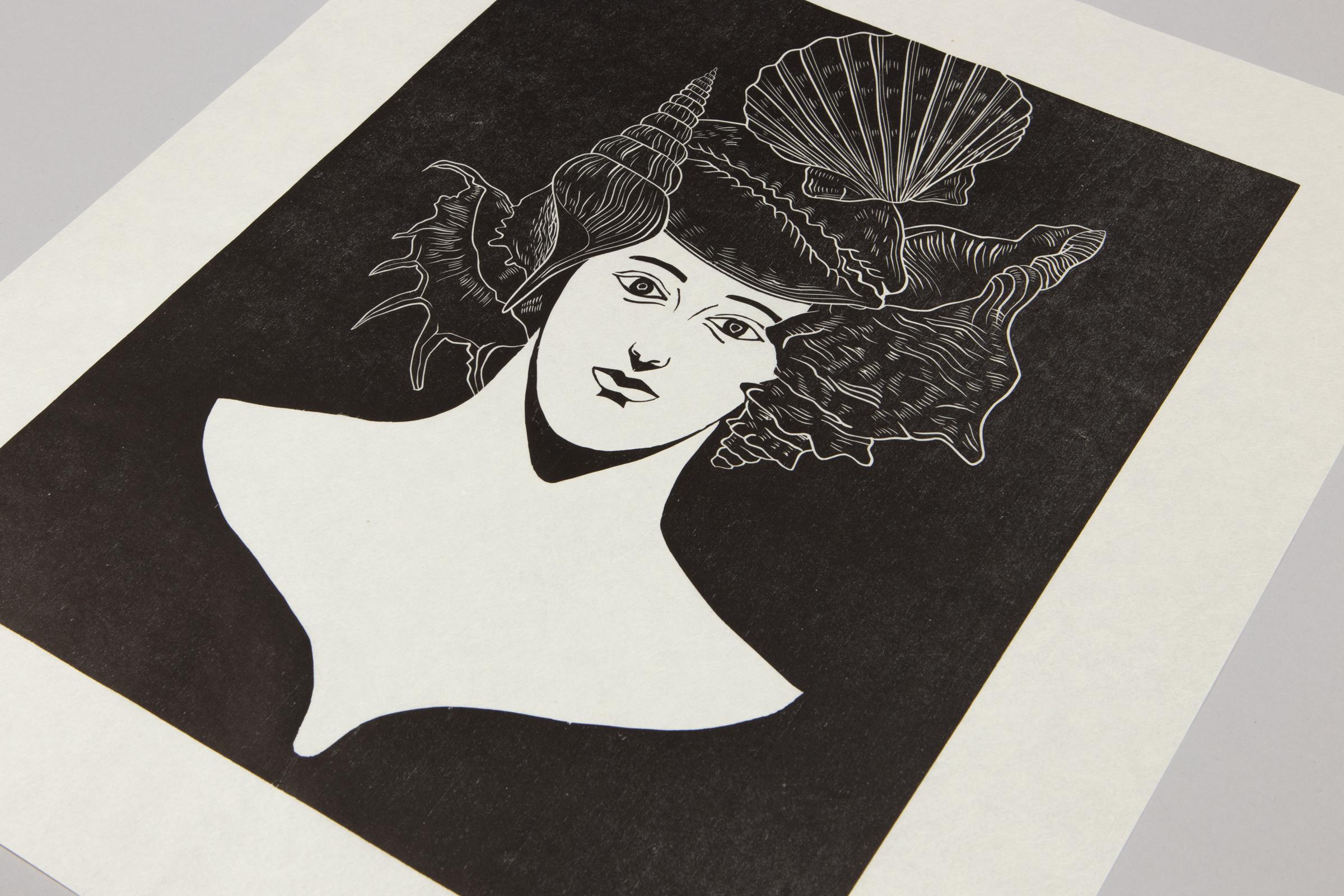 Nicolas Party, Portrait with Shells - Original Woodcut, Signed Print For Sale 4