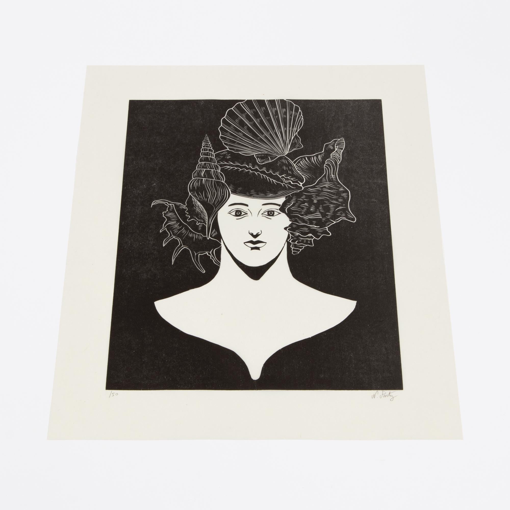 Nicolas Party, Portrait with Shells - Original Woodcut, Signed Print For Sale 5