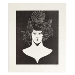 Nicolas Party, Portrait with Shells - Original Woodcut, Signed Print