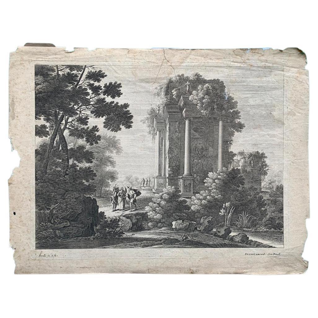 This charming engraving by Nicolas Perelle depicts a biblical scene surrounded by lush nature. In this space of nature lies an antiquisite ruin evoking the archaeological excavations carried out in Italy at that time. The biblical scene is evoked by